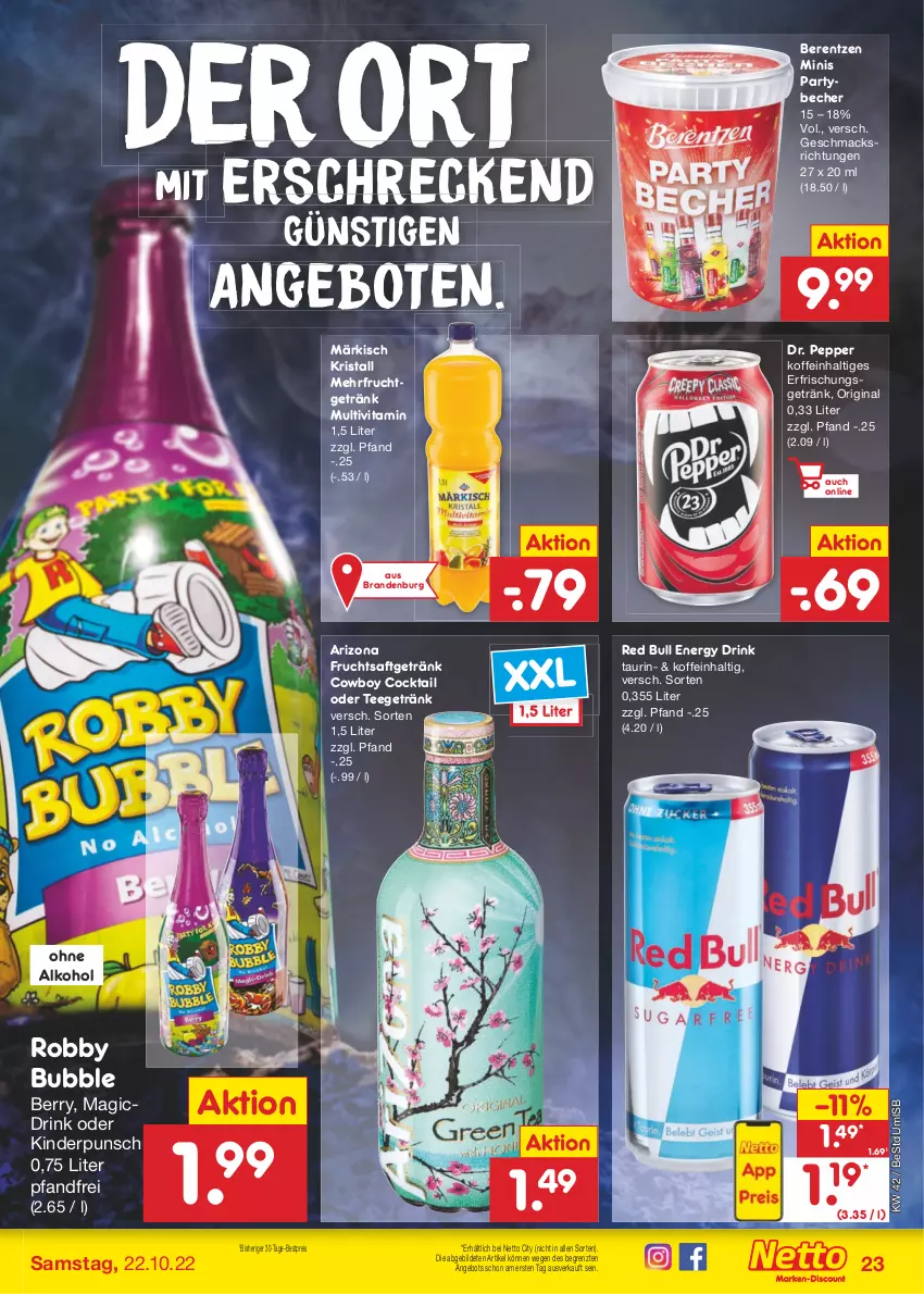 Aktueller Prospekt Netto Marken-Discount - Filial-Angebote - von 17.10 bis 22.10.2022 - strona 23 - produkty: alkohol, angebot, angebote, Becher, berentzen, bestpreis, cocktail, drink, eis, energy drink, erfrischungsgetränk, frucht, fruchtsaft, fruchtsaftgetränk, getränk, gin, Kinder, mac, ohne alkohol, red bull, reis, robby, saft, tee, Ti, vita, Vitamin D, ZTE