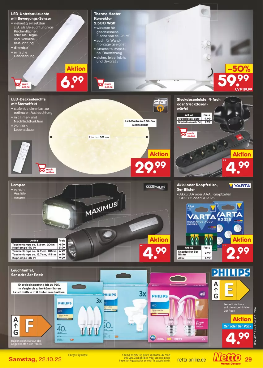 Aktueller Prospekt Netto Marken-Discount - Filial-Angebote - von 17.10 bis 22.10.2022 - strona 29 - produkty: akku, angebot, auer, auto, Bau, beleuchtung, bestpreis, decke, deckenleuchte, eis, elle, küche, Küchen, Lampe, led-deckenleuchte, Leuchte, leuchtmittel, Nachtlicht, regal, reis, Schal, Schrank, steckdose, Steckdosenleiste, Tasche, taschen, taschenlampe, Ti, timer, würfel, ZTE