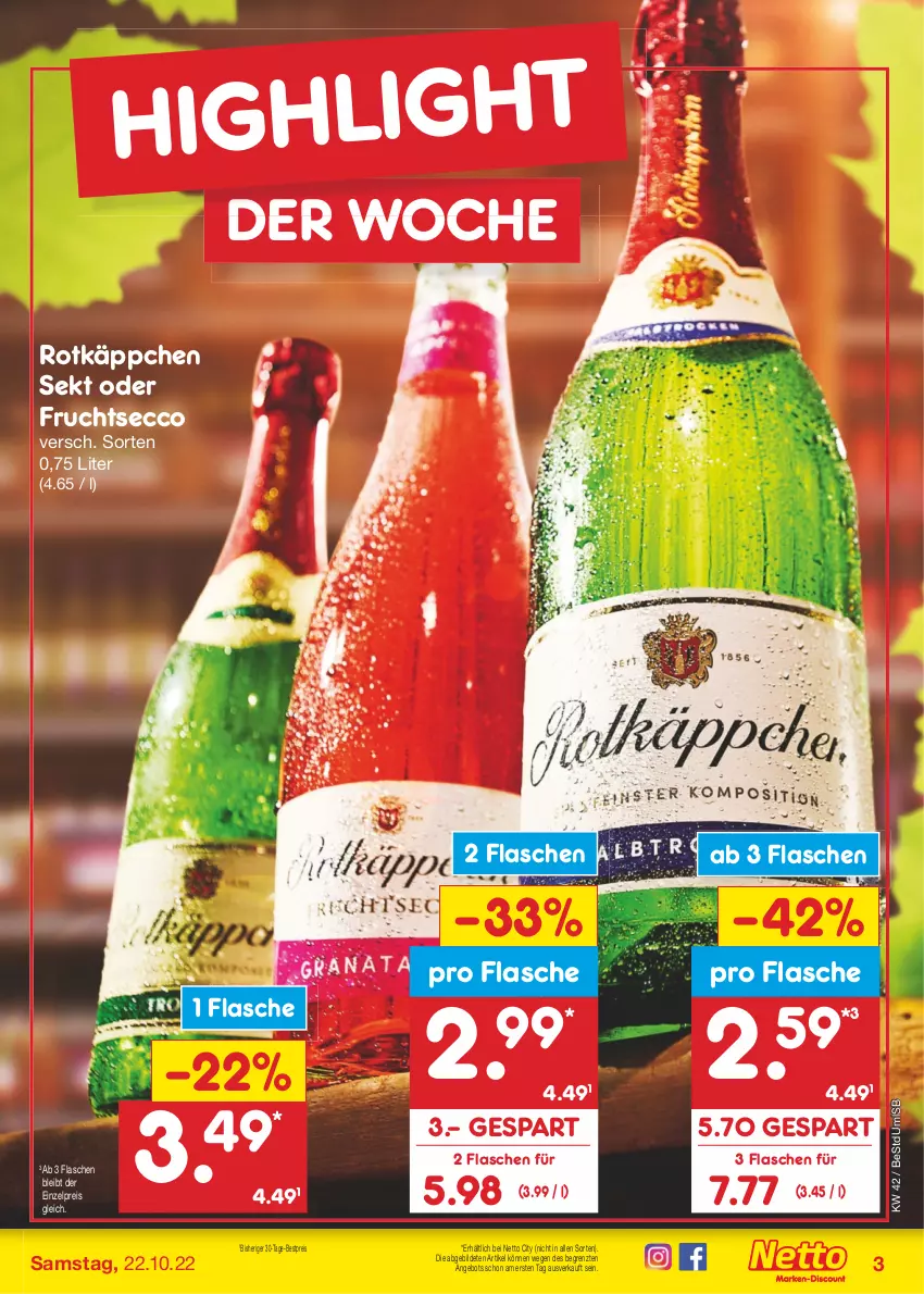 Aktueller Prospekt Netto Marken-Discount - Filial-Angebote - von 17.10 bis 22.10.2022 - strona 3 - produkty: angebot, bestpreis, ecco, eis, flasche, frucht, fruchtsecco, reis, rotkäppchen, sekt, Ti, ZTE