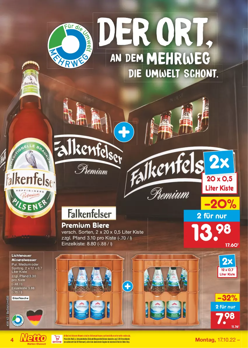 Aktueller Prospekt Netto Marken-Discount - Filial-Angebote - von 17.10 bis 22.10.2022 - strona 4 - produkty: Alwa, auer, bier, Biere, eis, flasche, glasflasche, lichtenauer, mineralwasser, ndk, reis, rwe, Ti, versandkostenfrei, wasser