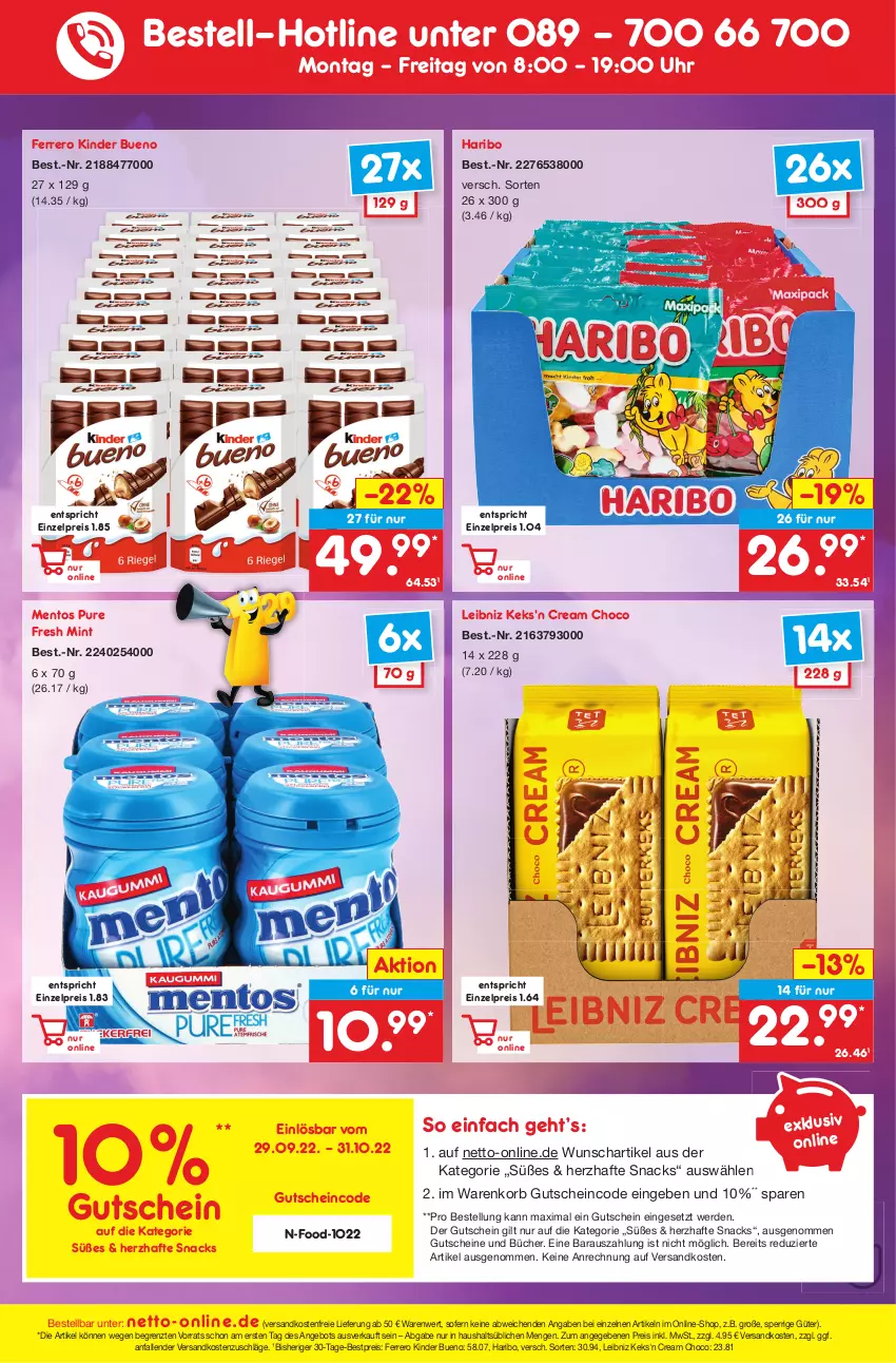 Aktueller Prospekt Netto Marken-Discount - Filial-Angebote - von 17.10 bis 22.10.2022 - strona 43 - produkty: angebot, bestpreis, eis, erde, ferrero, gutschein, gutscheine, haribo, keks, Kinder, kinder bueno, korb, leibniz, mentos, mint, ndk, reis, snack, snacks, Ti, uhr, versandkostenfrei, ZTE