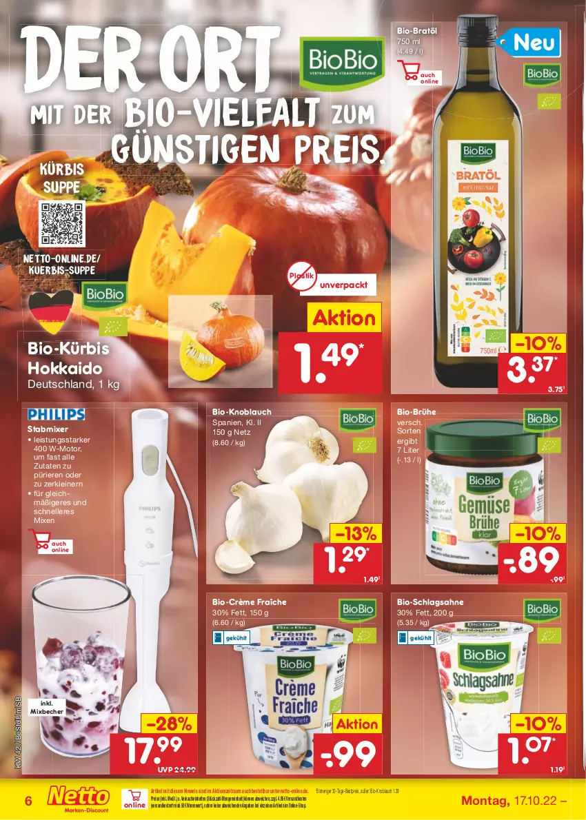 Aktueller Prospekt Netto Marken-Discount - Filial-Angebote - von 17.10 bis 22.10.2022 - strona 6 - produkty: asti, Becher, bestpreis, bio, Brühe, crème fraîche, eis, elle, knoblauch, Kürbis, leine, Mixer, ndk, reis, rezept, sahne, schlagsahne, stabmixer, suppe, Ti, versandkostenfrei