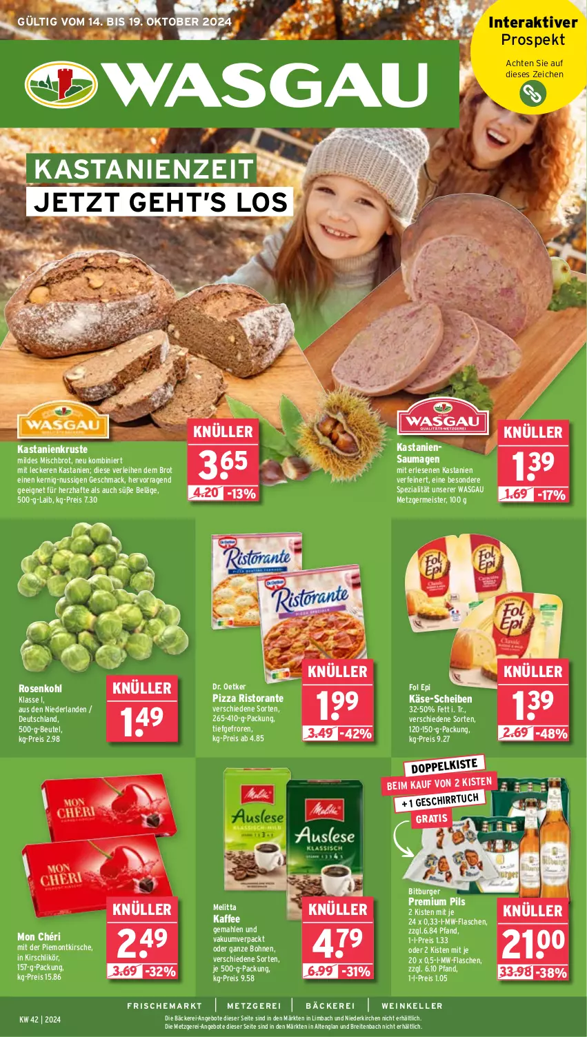 Aktueller Prospekt Wasgau - von 14.10 bis 19.10.2024 - strona 1 - produkty: angebot, angebote, beutel, bitburger, bohne, bohnen, Brei, brot, burger, Dr. Oetker, eis, elle, flasche, fol epi, Germ, geschirr, kaffee, Käse, kirsch, kirsche, Kirschlikör, likör, mac, Meister, melitta, Mon Chéri, mw-flasche, nuss, pils, pizza, premium pils, reis, ristorante, rosen, Rosenkohl, Saumagen, Spezi, Ti, tuc, wein