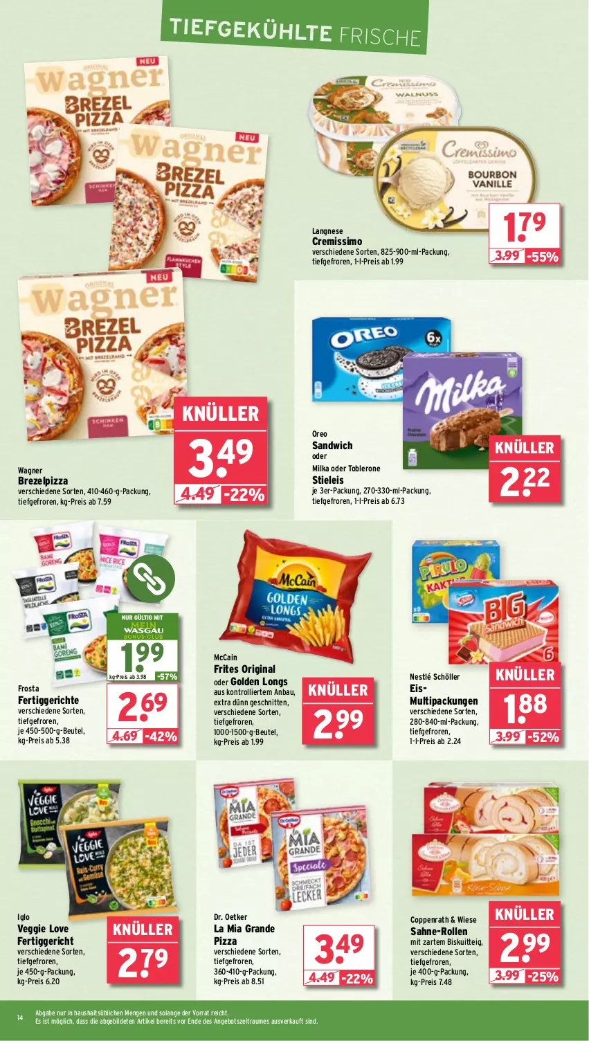 Aktueller Prospekt Wasgau - von 14.10 bis 19.10.2024 - strona 14 - produkty: angebot, Bau, beutel, brezel, coppenrath, cremissimo, Dr. Oetker, eis, fertiggericht, fertiggerichte, frosta, gin, Golden Longs, iglo, langnese, langnese cremissimo, mccain, milka, nestlé, nestlé schöller, oreo, pizza, reis, sahne, sandwich, schnitten, Schöller, sim, stieleis, Ti, toblerone, trolli, veggie, Veggie Love, wagner