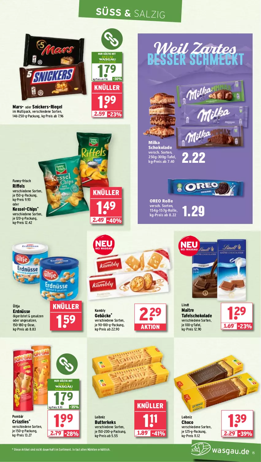 Aktueller Prospekt Wasgau - von 14.10 bis 19.10.2024 - strona 15 - produkty: auer, butter, butterkeks, chips, eis, erdnüsse, funny-frisch, keks, leibniz, LG, lindt, mars, milka, milka schokolade, oreo, reis, riegel, salz, schoko, schokolade, snickers, tafelschokolade, Ti, ültje, ültje erdnüsse