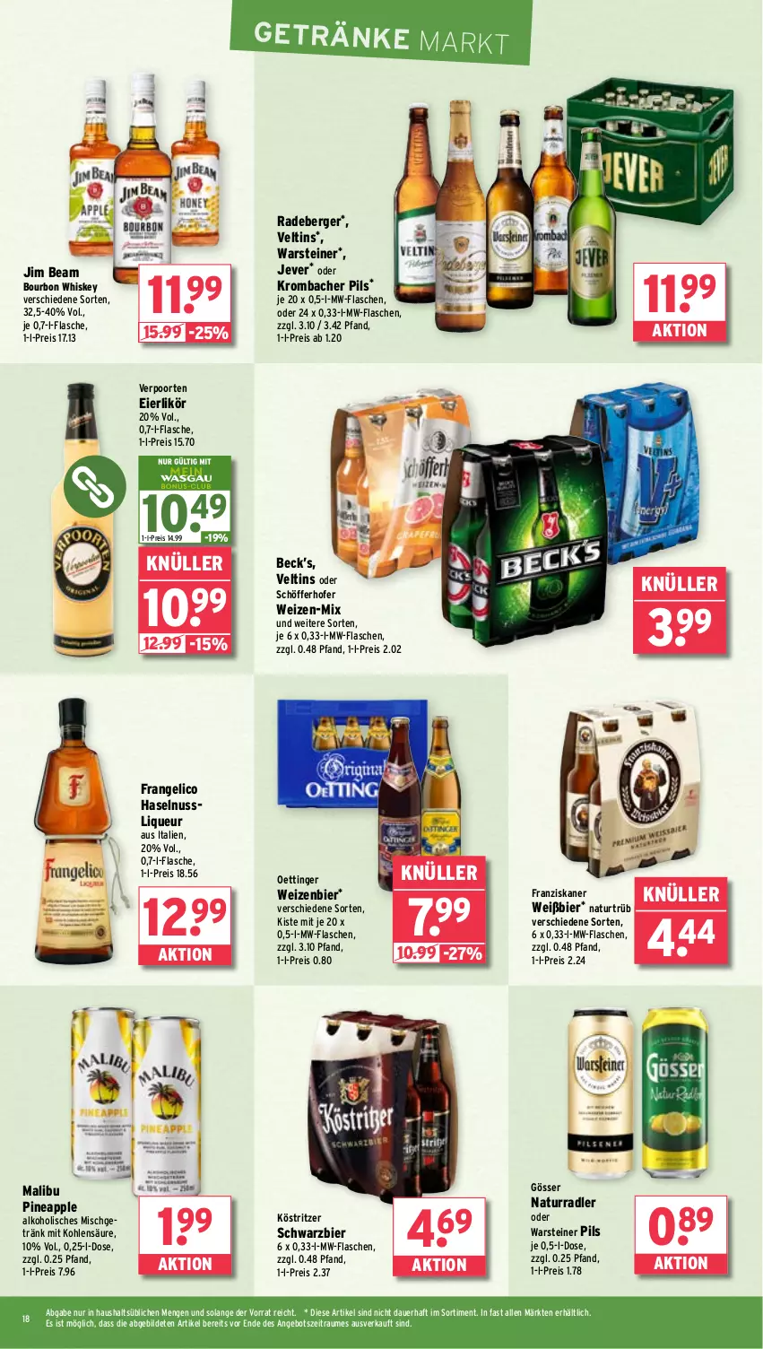 Aktueller Prospekt Wasgau - von 14.10 bis 19.10.2024 - strona 18 - produkty: alkohol, angebot, Apple, auer, Berger, bier, bourbon, bourbon whiskey, eier, eierlikör, eis, flasche, frangelico, franziskaner, getränk, getränke, gösser, haselnuss, jever, jim beam, köstritzer, krombache, krombacher, krombacher pils, likör, liqueur, Malibu, mw-flasche, natur, nuss, oettinger, pils, radeberger, radler, reis, schöfferhofer, steiner, Ti, veltins, verpoorten, warsteiner, whiskey