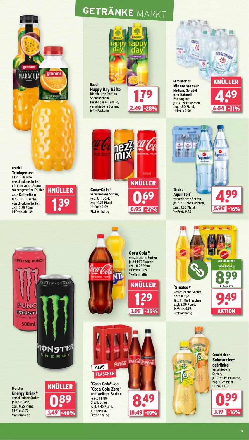 Aktueller Prospekt Wasgau - von 14.10 bis 19.10.2024 - strona 19 - produkty: Alwa, coca-cola, cola, drink, eis, energy drink, flasche, früchte, gerolsteine, gerolsteiner, getränk, getränke, glasflasche, granini, Happy Day, mineralwasser, Mineralwasser Medium, monster, Monster Energy, mw-flasche, natur, nuss, pet-flasche, Rauch, reis, rel, säfte, sinalco, Sprudel, steiner, tee, Ti, wasser, ZTE