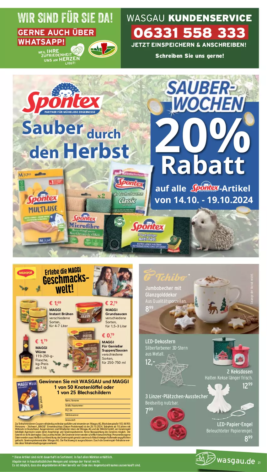 Aktueller Prospekt Wasgau - von 14.10 bis 19.10.2024 - strona 21 - produkty: 3d-Stern, angebot, auer, Ausstecher, Becher, Brühe, coupon, Dekostern, eis, Engel, erde, flasche, gewinnspiel, Hausnummer, jumbo, keks, Keksdose, kekse, Lätzche, Leuchte, Löffel, maggi, maggi würze, papier, reis, sauce, saucen, suppe, suppen, telefon, Ti, uhr, WICK