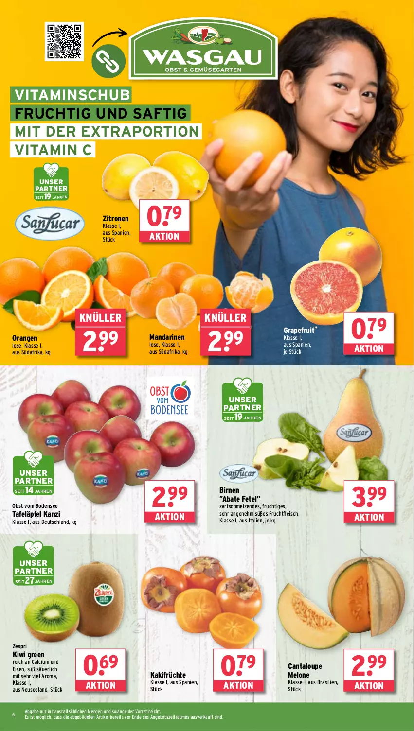 Aktueller Prospekt Wasgau - von 14.10 bis 19.10.2024 - strona 6 - produkty: angebot, Birnen, Calcium, eis, Elan, fleisch, frucht, früchte, fruchtfleisch, grapefruit, Kaki, kiwi, mandarine, mandarinen, melone, obst, orange, orangen, saft, tafeläpfel, Ti, vita, Vitamin C, zespri, zitrone, zitronen