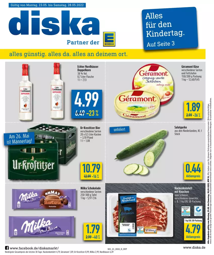 Aktueller Prospekt Diska - Prospekte - von 23.05 bis 28.05.2022 - strona 1 - produkty: angebot, angebote, bier, doppelkorn, eis, flasche, gurke, Käse, korn, kotelett, milka, milka schokolade, reis, salat, Salatgurke, schoko, schokolade, Ti, ZTE