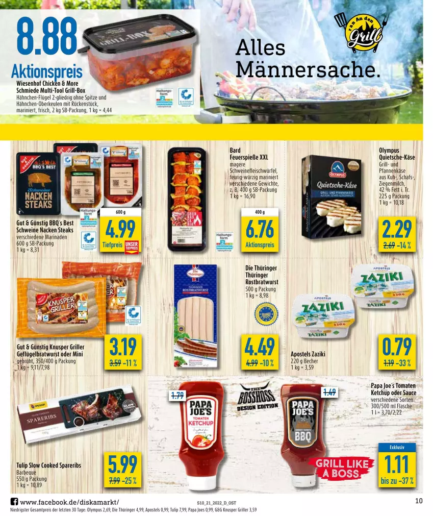 Aktueller Prospekt Diska - Prospekte - von 23.05 bis 28.05.2022 - strona 10 - produkty: aktionspreis, apostels, Becher, bratwurst, eis, flasche, fleisch, Geflügel, grill, Hähnchen-Oberkeulen, Käse, ketchup, marinade, milch, pfanne, pfannen, pfannenkäse, reis, ring, rostbratwurst, sac, sauce, schwein, schweine, schweinefleisch, spareribs, steak, steaks, thüringer rostbratwurst, Ti, tiefpreis, tomate, tomaten, tomaten ketchup, tulip, wein, weine, wiesenhof, würfel, wurst, ZTE