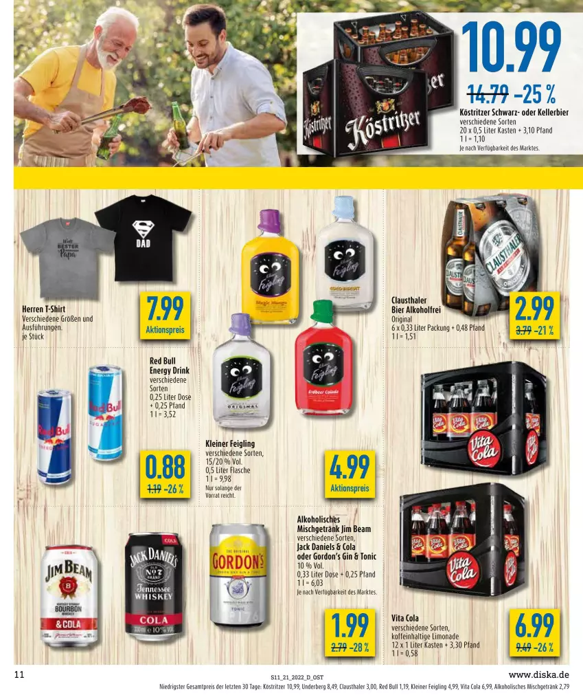 Aktueller Prospekt Diska - Prospekte - von 23.05 bis 28.05.2022 - strona 11 - produkty: aktionspreis, alkohol, aust, bier, clausthaler, cola, drink, eis, elle, energy drink, flasche, getränk, gin, gordon, Gordon’s, jack daniel, jack daniels, jim beam, kellerbier, kleiner feigling, köstritzer, leine, limo, limonade, red bull, reis, shirt, T-Shirt, Ti, tonic, underberg, vita, Vita C, whiskey, ZTE