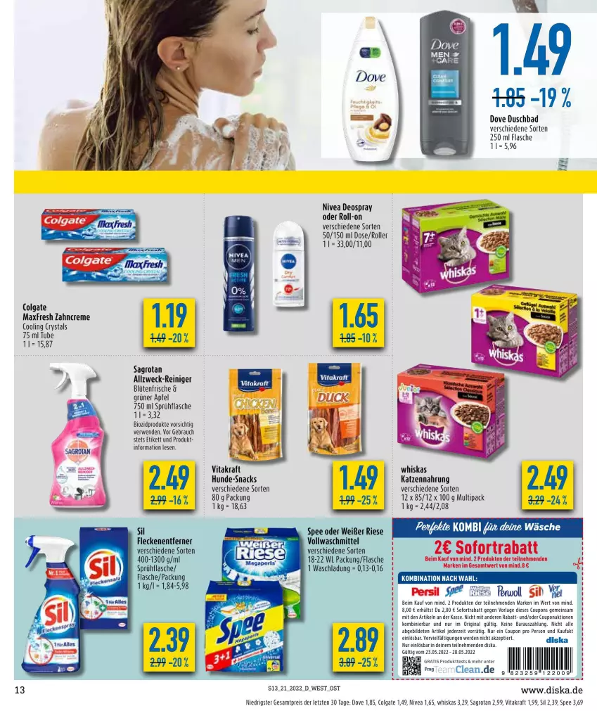 Aktueller Prospekt Diska - Prospekte - von 23.05 bis 28.05.2022 - strona 13 - produkty: apfel, Bad, bio, biozidprodukte, Blüte, colgate, coupon, coupons, creme, deo, deospray, dove, duschbad, eis, flasche, gin, katzennahrung, kraft, LG, nivea, Rauch, reiniger, reis, roll-on, Roller, rwe, sagrotan, snack, snacks, sofortrabatt, spee, sprühflasche, Ti, vita, vitakraft, vollwaschmittel, waschmittel, weck, whiskas, zahncreme, ZTE