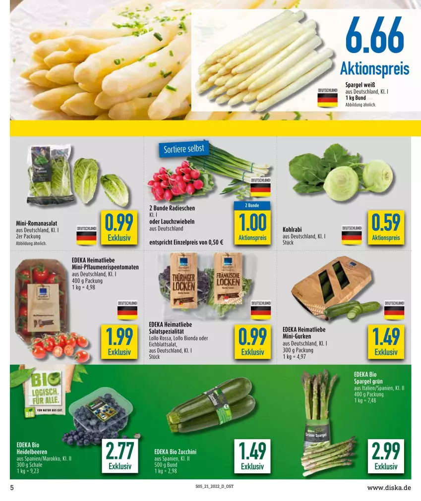 Aktueller Prospekt Diska - Prospekte - von 23.05 bis 28.05.2022 - strona 5 - produkty: aktionspreis, bio, deka, edeka bio, Eichblattsalat, eis, gurke, gurken, kohlrabi, Lauchzwiebel, lauchzwiebeln, mini-gurken, pflaume, pflaumen, reis, rispentomaten, Romanasalat, salat, Schal, Schale, spargel, Spezi, Ti, tomate, tomaten, zucchini, zwiebel, zwiebeln