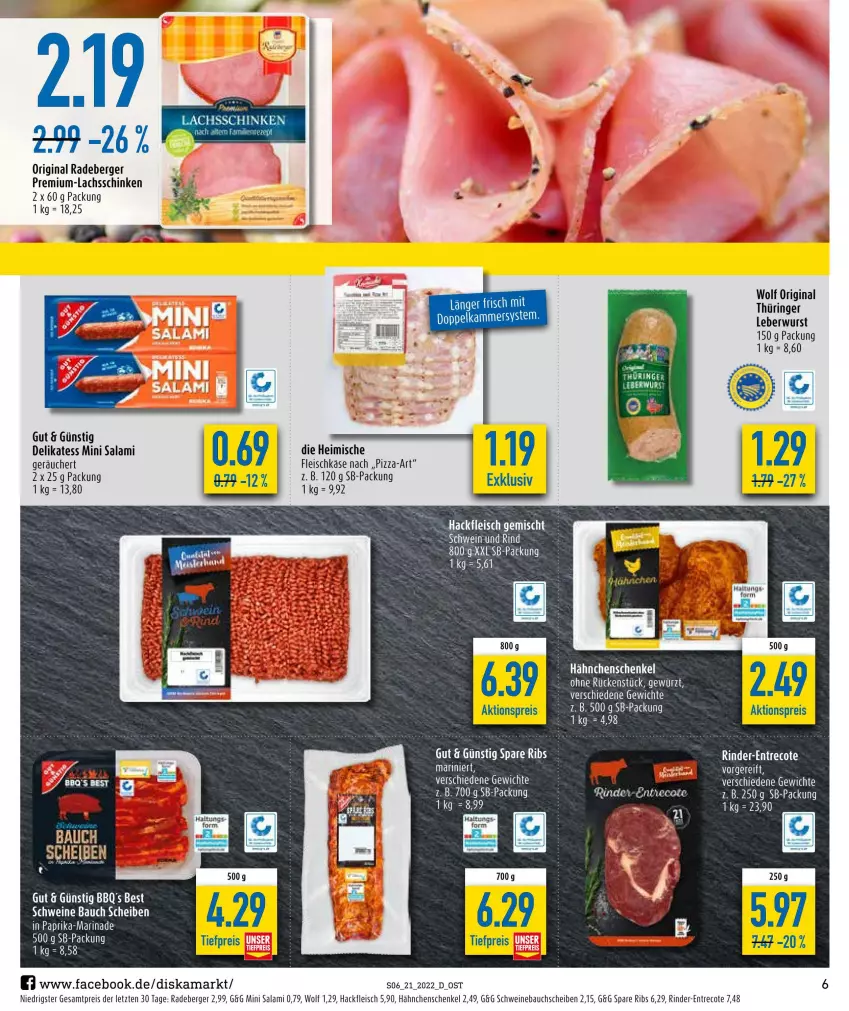 Aktueller Prospekt Diska - Prospekte - von 23.05 bis 28.05.2022 - strona 6 - produkty: aktionspreis, Bau, bauchscheiben, Berger, eis, elle, ente, fleisch, fleischkäse, gewürz, gin, hackfleisch, hackfleisch gemischt, hähnchenschenkel, henkel, Käse, lachs, lachsschinken, leberwurst, marinade, original thüringer, pizza, radeberger, reis, rind, rinder, ring, salami, schenkel, schinken, schwein, schweine, Schweinebauch, schweinebauchscheiben, spare ribs, Ti, tiefpreis, wein, weine, wurst, ZTE