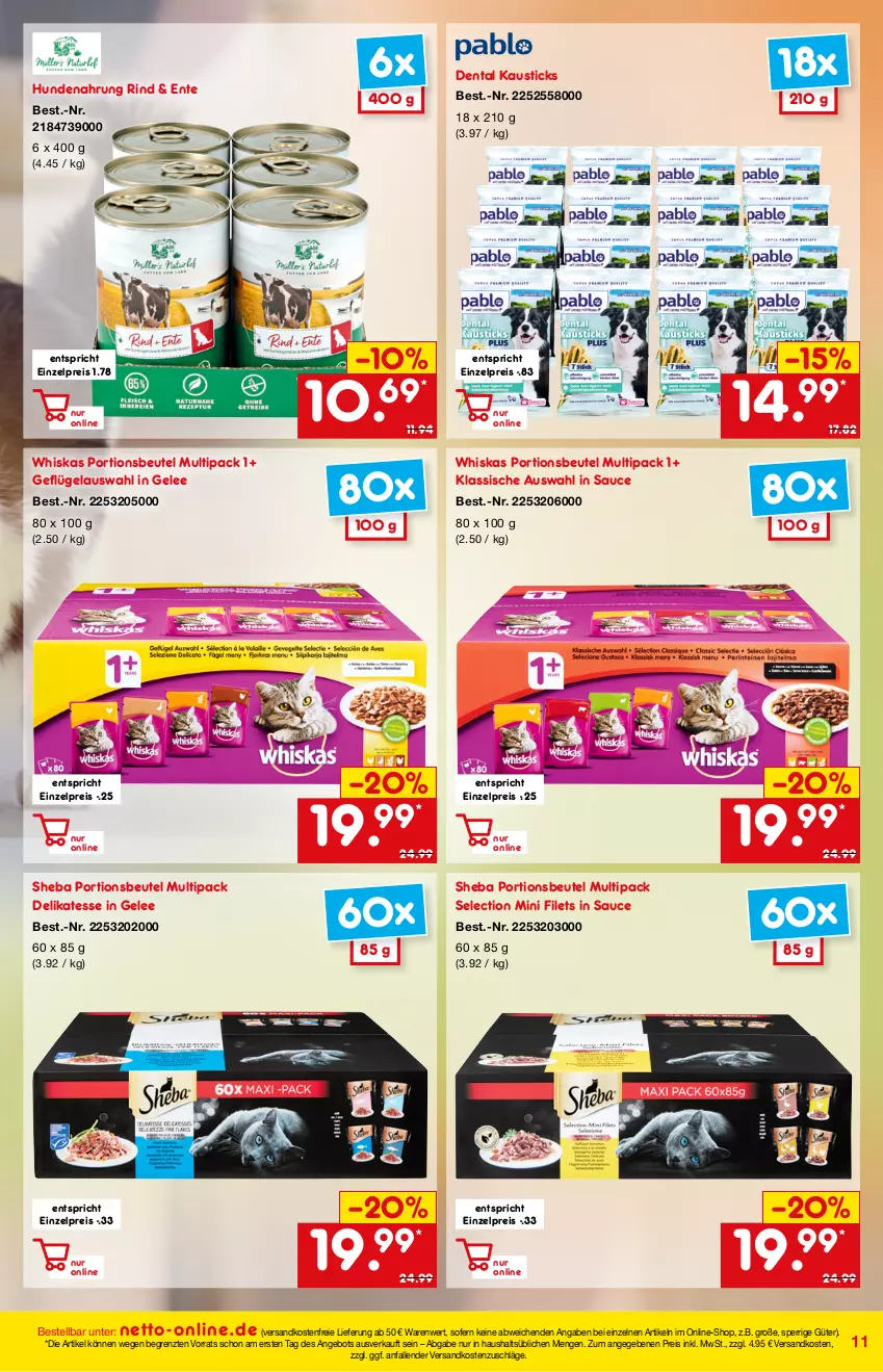 Aktueller Prospekt Netto Marken-Discount - Online-Angebote April - von 01.04 bis 30.04.2022 - strona 11 - produkty: angebot, aust, beutel, eis, ente, filet, filets, Geflügel, gelee, hundenahrung, ndk, portionsbeutel, reis, rind, sauce, sheba, Ti, versandkostenfrei, whiskas, ZTE