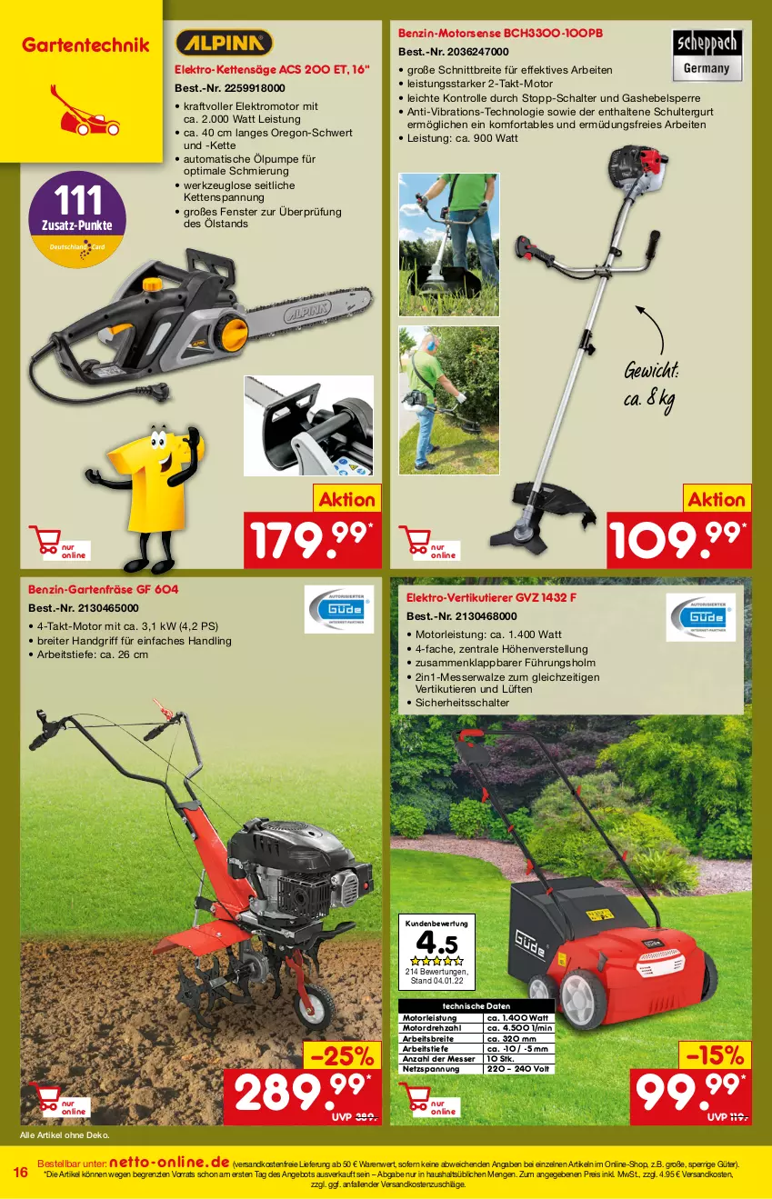 Aktueller Prospekt Netto Marken-Discount - Online-Angebote April - von 01.04 bis 30.04.2022 - strona 16 - produkty: angebot, auto, Brei, eis, Elektro, ente, fenster, Garten, Kette, messer, Motorsense, ndk, reis, säge, Schal, schultergurt, Ti, Tiere, tisch, versandkostenfrei, werkzeug, ZTE