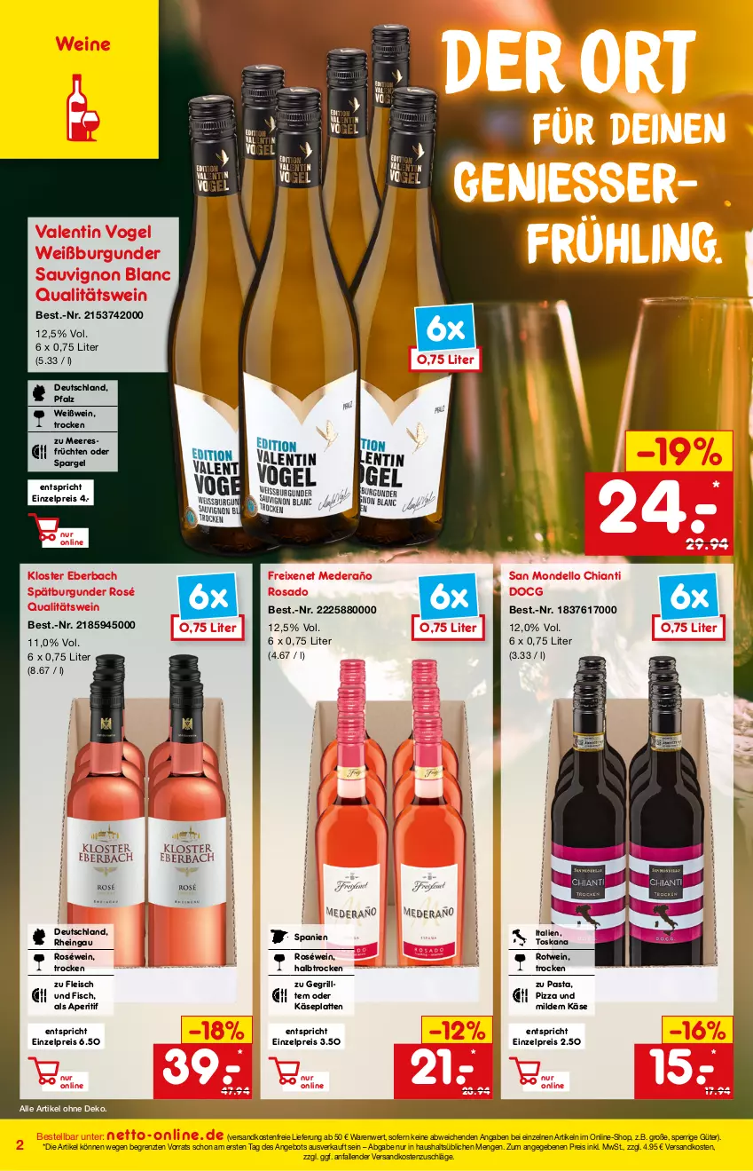 Aktueller Prospekt Netto Marken-Discount - Online-Angebote April - von 01.04 bis 30.04.2022 - strona 2 - produkty: angebot, aperitif, burgunder, chia, chianti, dell, eis, fisch, fleisch, freixenet, früchte, früchten, grill, Käse, Kloster Eberbach, latte, meeresfrüchte, ndk, pasta, pizza, qualitätswein, reis, roséwein, rotwein, sauvignon, sauvignon blanc, spargel, spätburgunder, Ti, versandkostenfrei, wein, weine, Weißburgunder, Weißwein, ZTE