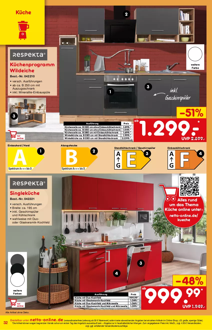 Aktueller Prospekt Netto Marken-Discount - Online-Angebote April - von 01.04 bis 30.04.2022 - strona 32 - produkty: abzugshaube, angebot, Bau, einbauherd, einbaukühlschrank, einbauspüle, eis, elle, geschirr, geschirrspüler, glaskeramik, glaskeramik-kochfeld, keramik-kochfeld, kochfeld, küche, Küchen, Küchenzeile, kühlschrank, mikrowelle, ndk, reis, Schrank, Ti, versandkostenfrei, Wild, wildeiche, winkelküche, ZTE