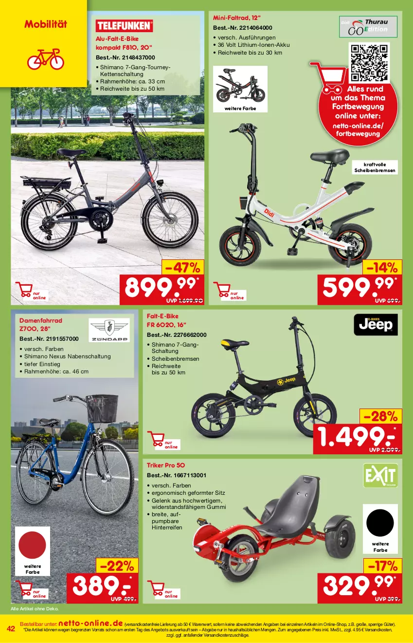 Aktueller Prospekt Netto Marken-Discount - Online-Angebote April - von 01.04 bis 30.04.2022 - strona 42 - produkty: akku, angebot, Brei, E-Bike, eis, Fahrrad, Kette, kraft, ndk, nexus, reifen, reis, Schal, Ti, versandkostenfrei, ZTE