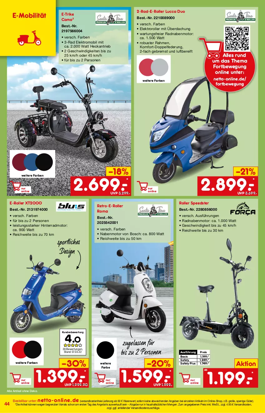 Aktueller Prospekt Netto Marken-Discount - Online-Angebote April - von 01.04 bis 30.04.2022 - strona 44 - produkty: angebot, bosch, E-Mobilität, E-Roller, eier, eis, Elektro, Elektroroller, ndk, reis, Roller, spee, Sport, Ti, versandkostenfrei, ZTE