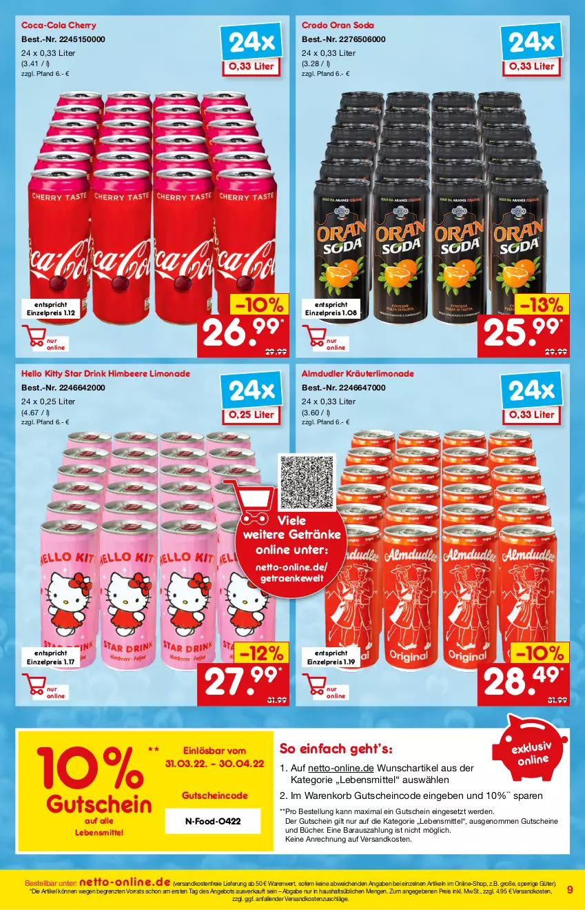 Aktueller Prospekt Netto Marken-Discount - Online-Angebote April - von 01.04 bis 30.04.2022 - strona 9 - produkty: almdudler, angebot, beere, coca-cola, cola, drink, eis, erde, getränk, getränke, gutschein, gutscheine, himbeer, himbeere, korb, kräuter, lebensmittel, limo, limonade, ndk, reis, Soda, Ti, versandkostenfrei, ZTE