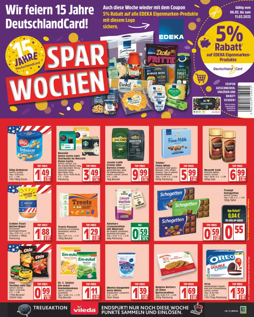 Aktueller Prospekt Edeka - Angebote der Woche - von 30.01 bis 04.02.2023 - strona 13 - produkty: ACC, auto, Bagel, beutel, bio, bohne, bohnen, bonbons, butter, caffe, coupon, creme, deka, dip, dolce gusto, eier, elle, erde, erdnüsse, golden toast, Hustenbonbons, jacobs, kaffee, kakao, kaugummi, keks, latte, LG, linsen, löslicher kaffee, mac, Mantel, meersalz, mentos, mint, natur, natura, nescafe, oreo, rum, salz, schogetten, schoko, starbucks, Tchibo, tee, Ti, toast, tortilla, tortillas, ültje, ültje erdnüsse, waffeln, zucker