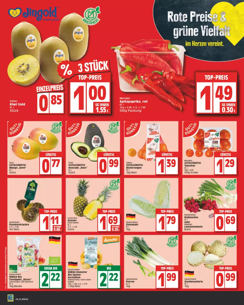 Aktueller Prospekt Edeka - Angebote der Woche - von 30.01 bis 04.02.2023 - strona 2 - produkty: ananas, avocado, beutel, bio, Blutorange, deka, edeka bio, eis, elle, früchte, kartoffel, kartoffeln, Lauchzwiebel, lauchzwiebeln, mac, mango, orange, orangen, radieschen, Schal, Schale, tafeläpfel, Ti, zwiebel, zwiebeln