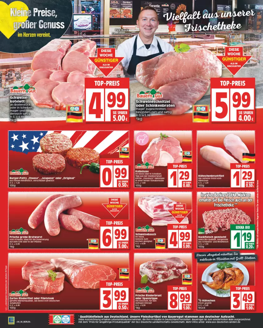 Aktueller Prospekt Edeka - Angebote der Woche - von 30.01 bis 04.02.2023 - strona 6 - produkty: auer, axe, Bau, Bauer, bauerngut, berliner, bio, braten, burger, deka, eintopf, eis, elle, ente, fleisch, gin, grill, hackfleisch, hackfleisch gemischt, hähnchenbrust, Haxe, jungbullen, Kalbshaxe, küche, lebensmittel, LG, pfanne, reis, rind, rinder, rindfleisch, saft, schinken, schinkenbraten, schlauch, schnitten, schwein, schweine, Schweinebauch, Soße, Surf, Ti, tomate, tomaten, topf, wein, weine