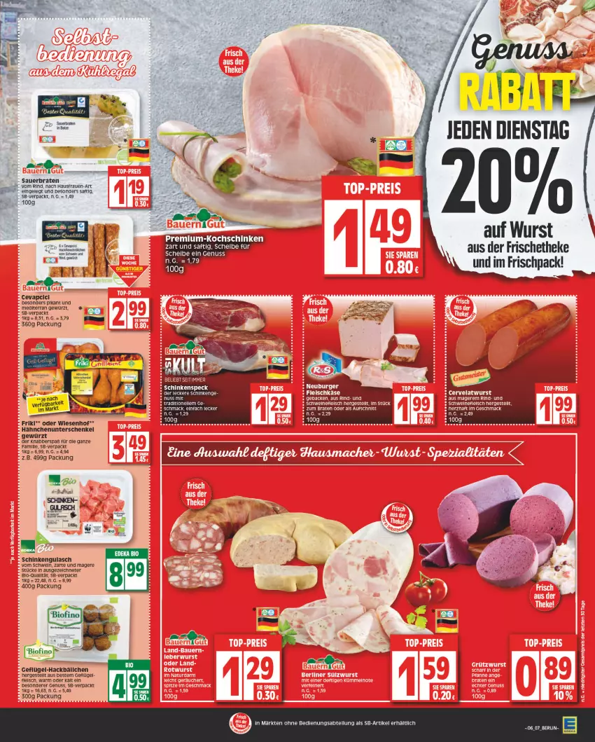 Aktueller Prospekt Edeka - Angebote der Woche - von 30.01 bis 04.02.2023 - strona 7 - produkty: Abtei, auer, bio, braten, cevapcici, eis, fleisch, geback, Geflügel, gewürz, gulasch, henkel, HP, mac, nuss, rind, saft, schenkel, schinken, schwein, schweine, schweinefleisch, Ti, wein, weine, wiesenhof, wurst