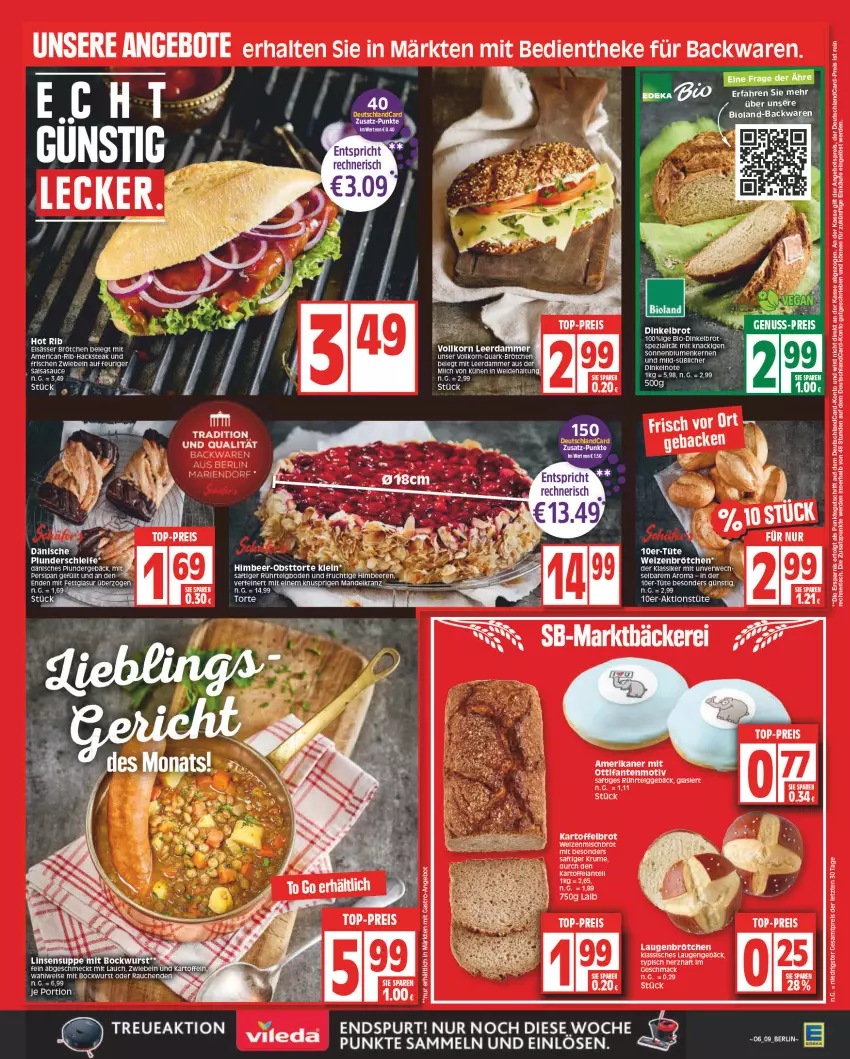 Aktueller Prospekt Edeka - Angebote der Woche - von 30.01 bis 04.02.2023 - strona 9 - produkty: aeg, angebot, angebote, angebotspreis, backwaren, beere, beeren, bio, blume, blumen, bockwurst, brot, brötchen, deutschlandcard, Dinkelbrot, eis, Elan, erde, frucht, himbeer, himbeere, himbeeren, kartoffel, Kartoffelbrot, korn, Kranz, leerdammer, LG, linsen, mac, merl, nuss, Plunder, quark, Rauch, reis, rum, rwe, saft, Salsa, sauce, sonnenblume, sonnenblumen, Sonnenblumenkerne, sonnenblumenkernen, steak, suppe, tee, Ti, top-preis, torte, Tüte, weizenbrötchen, weizenmischbrot, wurst, ZTE, zwiebel, zwiebeln