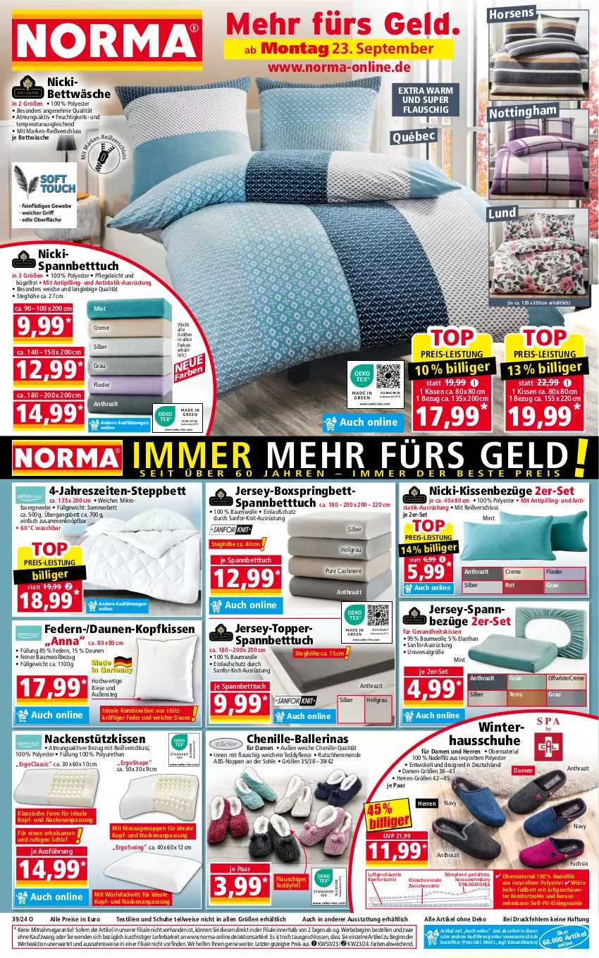 Aktueller Prospekt Norma - Norma - von 23.09 bis 30.09.2024 - strona 1 - produkty: ball, Ballerinas, Bau, baumwolle, Bebe, bett, Betttuch, bettwäsche, boxspringbett, bügel, cashmere, creme, eis, elle, flieder, Gesundheit, gin, Hausschuhe, hohenstein, kissen, kopfkissen, LG, mikrofaser, mint, nackenstützkissen, ndk, reis, Ria, ring, schuhe, spannbetttuch, steppbett, Ti, Tipi, topper, tuc, WICK, wolle, würfel, ZTE