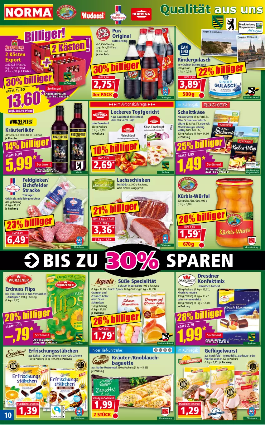 Aktueller Prospekt Norma - Norma - von 23.09 bis 30.09.2024 - strona 10 - produkty: baguette, braten, burger, chili, cola, dell, eis, erdnuss, flasche, fleisch, Fleischtopf, frucht, Geflügel, gelee, gin, gulasch, HP, jagdwurst, Käse, kirsch, knoblauch, Knoblauchbaguette, kräuter, kräuterlikör, Kreide, kuchen, kühlregal, Kürbis, lachs, lachsschinken, Lebkuchen, likör, lorenz, lyoner, mortadella, nuss, orange, orangen, paprika, regal, reis, rind, rinder, rindergulasch, ring, sauce, schinken, schnittkäse, Speck, Spezi, Stier, Ti, Tiere, topf, urtyp, würfel, wurst, Yo, zitrone, zitronen