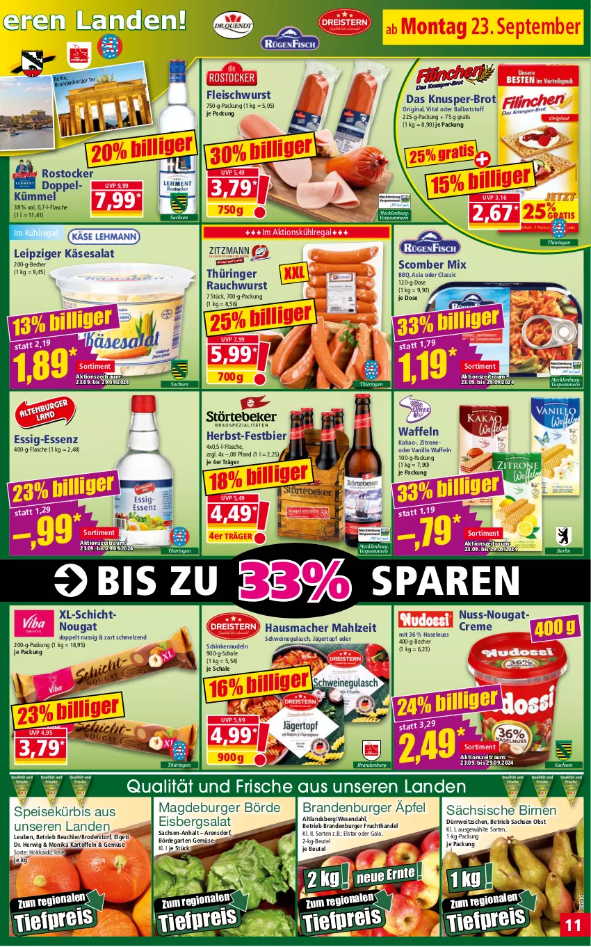 Aktueller Prospekt Norma - Norma - von 23.09 bis 30.09.2024 - strona 11 - produkty: ball, Becher, beutel, bier, Birnen, Brandenburger äpfel, brot, burger, creme, eis, eisbergsalat, essig, flasche, fleisch, Fleischerei, fleischwurst, frucht, Garten, gin, gulasch, haselnuss, Hausmacher, kakao, kartoffel, kartoffeln, Käse, Knusper-Brot, kühlregal, Kürbis, LG, mac, Nougatcreme, nudel, nudeln, nuss, obst, Rauch, regal, reis, ring, Rostocker, rwe, sac, salat, Schal, Schale, Schere, schinken, schwein, schweine, schweinegulasch, Ti, tiefpreis, topf, vita, waffeln, wein, weine, wurst, zitrone