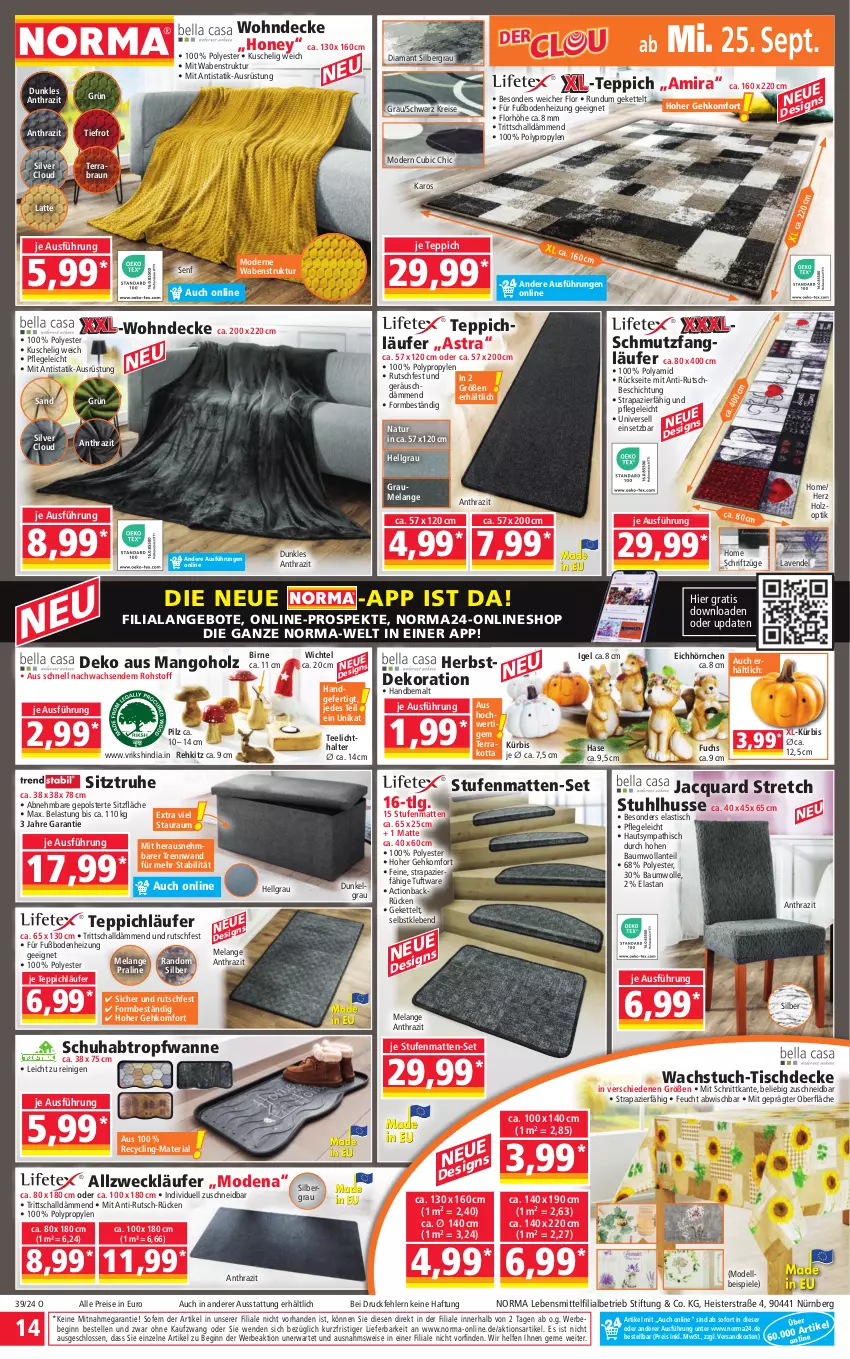 Aktueller Prospekt Norma - Norma - von 23.09 bis 30.09.2024 - strona 14 - produkty: Allzweckläufer, angebot, angebote, asti, Astra, Bau, baumwolle, Bebe, braun, Clin, decke, dekoration, dell, eis, Elan, elle, gin, Holz, hörnchen, Kette, Kürbis, latte, Läufer, lavendel, lebensmittel, LG, mango, Mode, natur, ndk, reis, Ria, Schal, senf, Sitztruhe, Spiele, Stufenmatten, stuhl, tee, Teelicht, teelichthalter, teppich, Ti, tisch, tischdecke, tuc, wachstuch, Wanne, weck, Wichtel, wolle