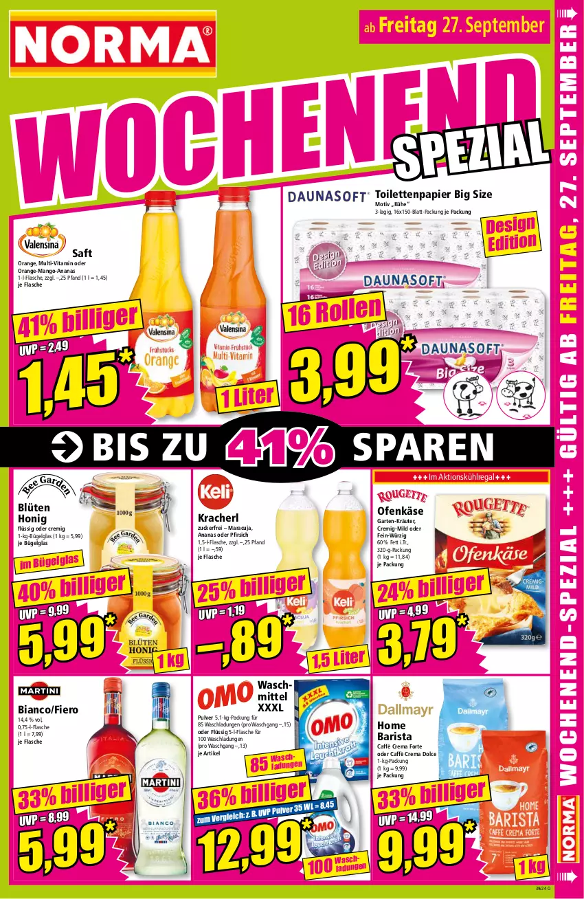 Aktueller Prospekt Norma - Norma - von 23.09 bis 30.09.2024 - strona 15 - produkty: ananas, Blüte, bügel, caffè crema, flasche, Garten, honig, Käse, kracher, kräuter, kühlregal, LG, mango, maracuja, Ofen, Ofenkäse, orange, papier, pfirsich, regal, saft, Ti, toilettenpapier, vita, waschmittel, zucker