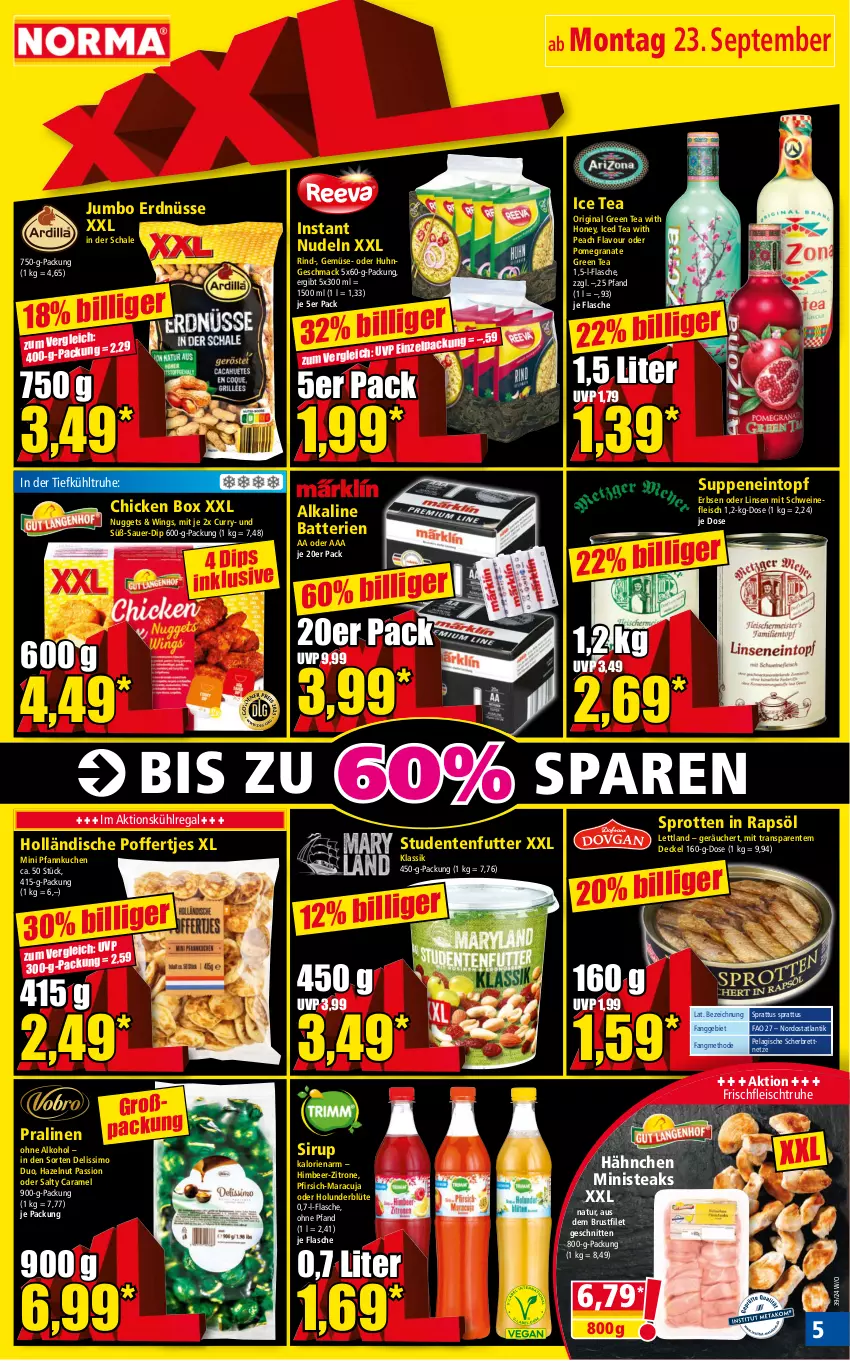 Aktueller Prospekt Norma - Norma - von 23.09 bis 30.09.2024 - strona 5 - produkty: alkohol, auer, batterie, batterien, Blüte, brustfilet, caramel, curry, decke, Deckel, dip, eintopf, eis, ente, erbsen, erdnüsse, filet, flasche, fleisch, gin, grana, green tea, himbeer, holunder, holunderblüte, ice tea, jumbo, kuchen, kühlregal, linsen, mac, maracuja, natur, nudel, nudeln, nuggets, ohne alkohol, Pfannkuchen, pfirsich, Poffertjes, pralinen, Rana, rapsöl, regal, rind, Schal, Schale, schnitten, schwein, schweine, schweinefleisch, sim, sirup, Sprotten, steak, steaks, studentenfutter, suppe, suppen, Ti, topf, wein, weine, zitrone