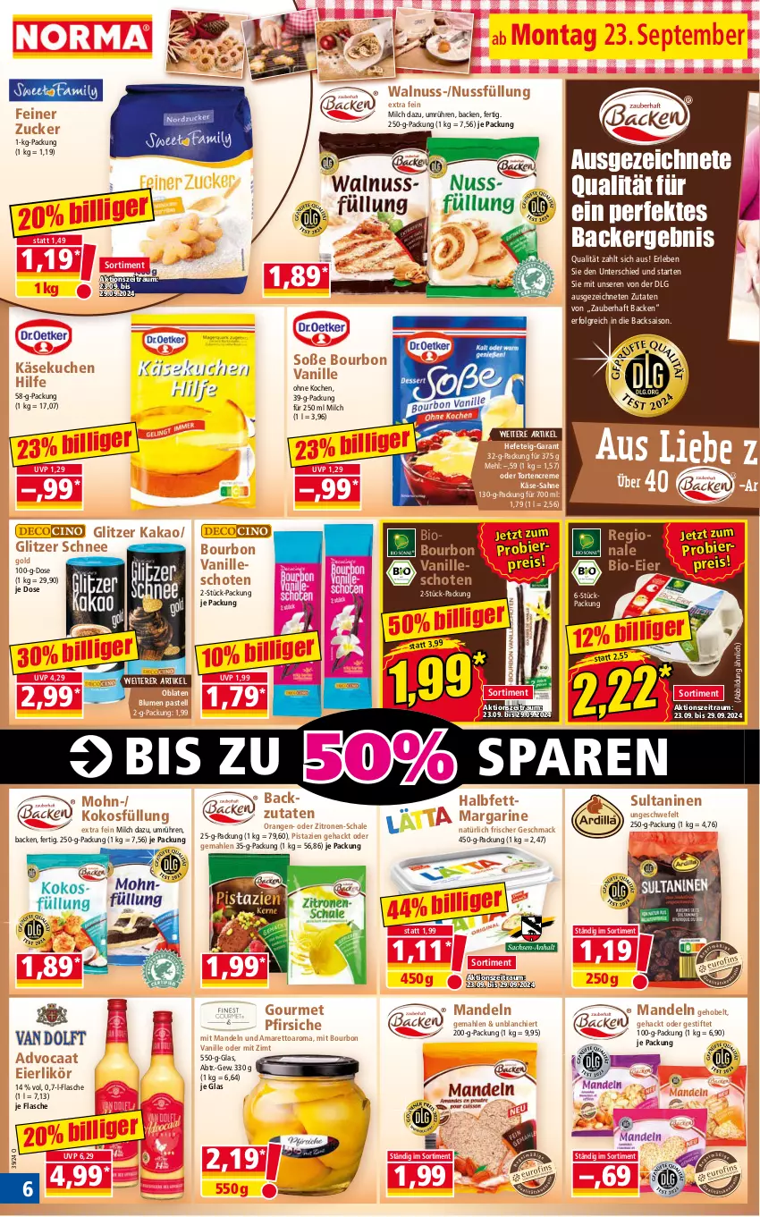 Aktueller Prospekt Norma - Norma - von 23.09 bis 30.09.2024 - strona 6 - produkty: Amaretto, bier, bio, blume, blumen, bourbon, bourbon vanille, creme, eier, eierlikör, eis, flasche, halbfettmargarine, Hefe, kakao, Käse, käsekuchen, kokos, kuchen, LG, likör, mac, mandel, mandeln, margarine, mehl, milch, nuss, Oblaten, orange, orangen, pfirsich, pfirsiche, pistazien, reis, sahne, Schal, Schale, Soße, stifte, Ti, torte, vanille, walnuss, zitrone, zitronen, zucker