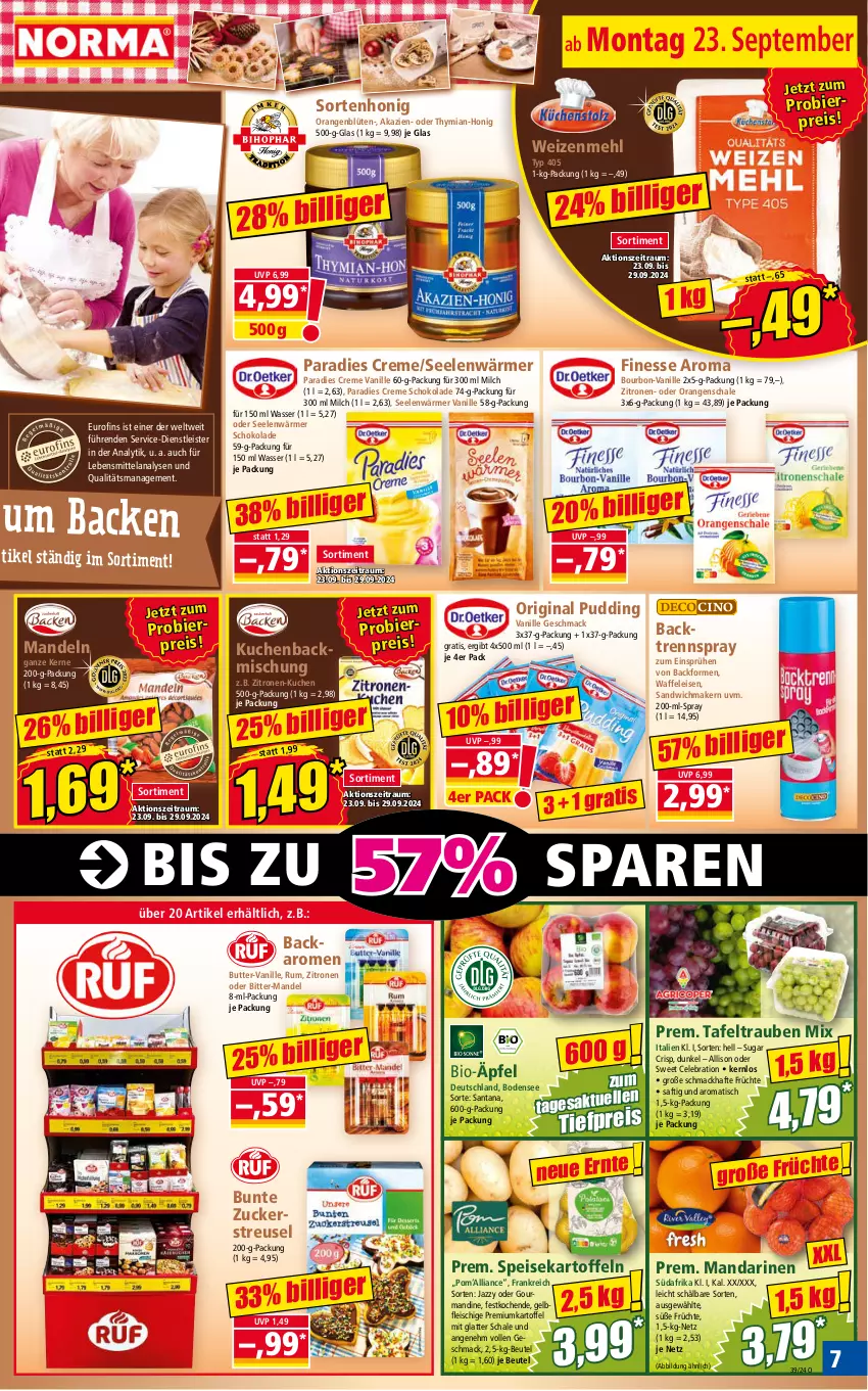 Aktueller Prospekt Norma - Norma - von 23.09 bis 30.09.2024 - strona 7 - produkty: Backform, backmischung, beutel, bier, bio, Blüte, bourbon, butter, creme, eis, Elan, finesse, fleisch, früchte, gin, honig, kartoffel, kartoffeln, kuchen, latte, lebensmittel, mac, mandarine, mandarinen, mandel, mandeln, mehl, milch, orange, orangen, Paradies Creme, pudding, reis, rum, saft, sandwich, Schal, Schale, schoko, schokolade, speisekartoffeln, tafeltrauben, Ti, tiefpreis, tisch, trauben, vanille, Waffeleisen, wasser, weizenmehl, zitrone, zitronen, zucker