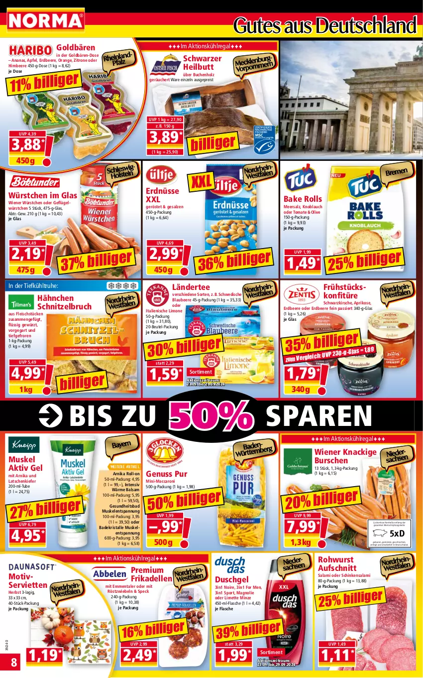 Aktueller Prospekt Norma - Norma - von 23.09 bis 30.09.2024 - strona 8 - produkty: ACC, aktiv gel, ananas, apfel, aprikose, aufschnitt, Bad, Badekristalle, balsam, beere, beutel, Blaubeer, blaubeere, buch, dell, duschgel, eis, elle, emmentaler, erdbeere, erdnüsse, flasche, fleisch, frikadellen, Geflügel, Gesundheit, gewürz, goldbären, himbeer, himbeere, Holz, kirsch, kirsche, knoblauch, konfitüre, kühlregal, Ländertee, limette, limo, mac, meersalz, Mett, minze, mit röstzwiebeln, nuss, olive, orange, regal, reis, Rohwurst, roll-on, röstzwiebeln, sac, salami, salz, schinken, schnitzel, Serviette, servietten, Speck, Sport, tee, Ti, tomate, wiener, wiener würstchen, wurst, würstchen, zitrone, zwiebel, zwiebeln