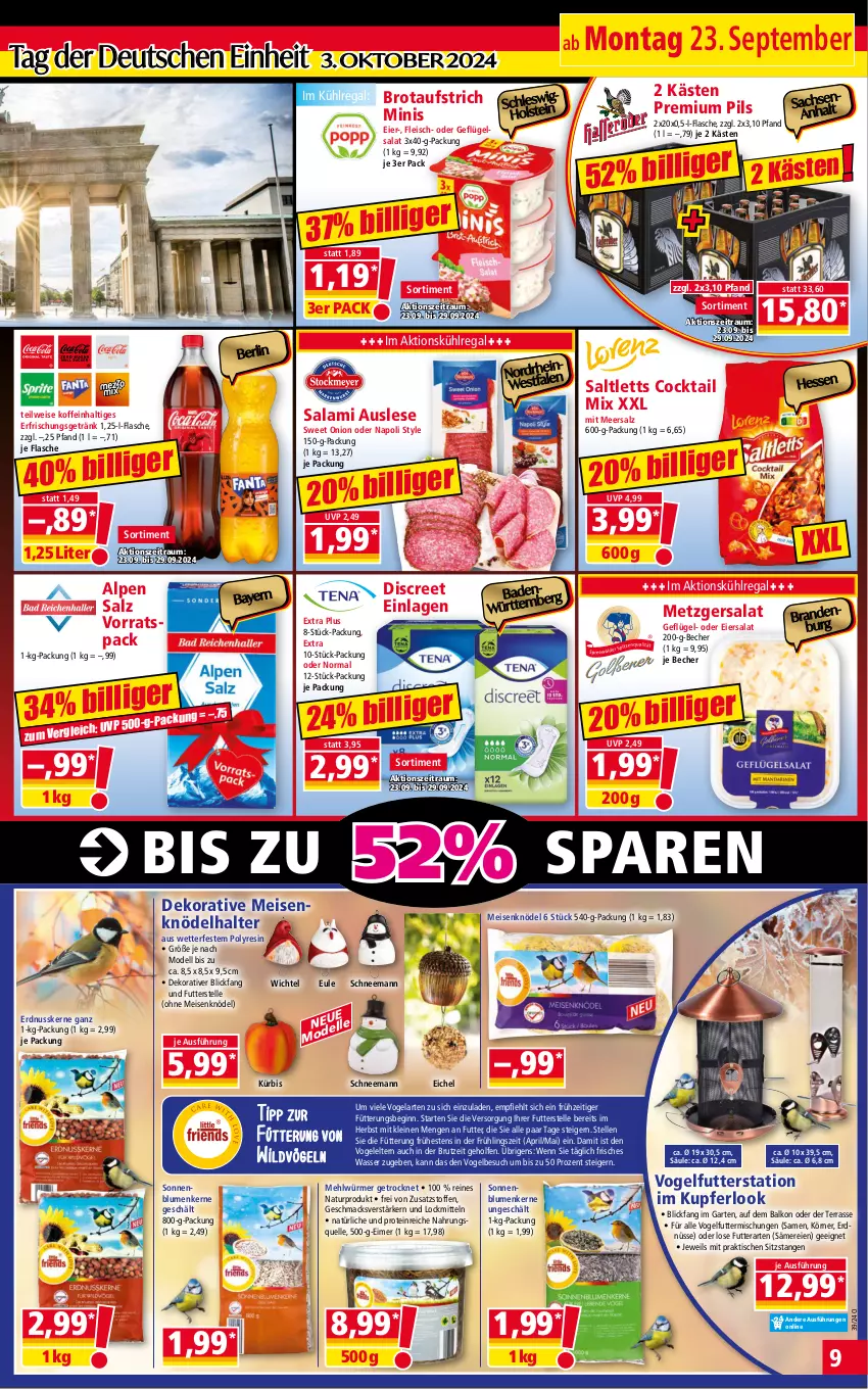 Aktueller Prospekt Norma - Norma - von 23.09 bis 30.09.2024 - strona 9 - produkty: aufstrich, Bad, Becher, blume, blumen, brot, brotaufstrich, brut, cocktail, dell, Discreet, eier, eiersalat, eimer, eis, elle, erdnuss, erdnüsse, erfrischungsgetränk, flasche, fleisch, Garten, Geflügel, geflügelsalat, getränk, gin, Knödel, kühlregal, Kürbis, leine, mac, meersalz, mehl, Meisenknödel, Mode, natur, nuss, pils, premium pils, pril, regal, sac, salami, salat, saltletts, salz, sonnenblume, sonnenblumen, Sonnenblumenkerne, Ti, tisch, Vogelfutter, wasser, Wichtel, Wild