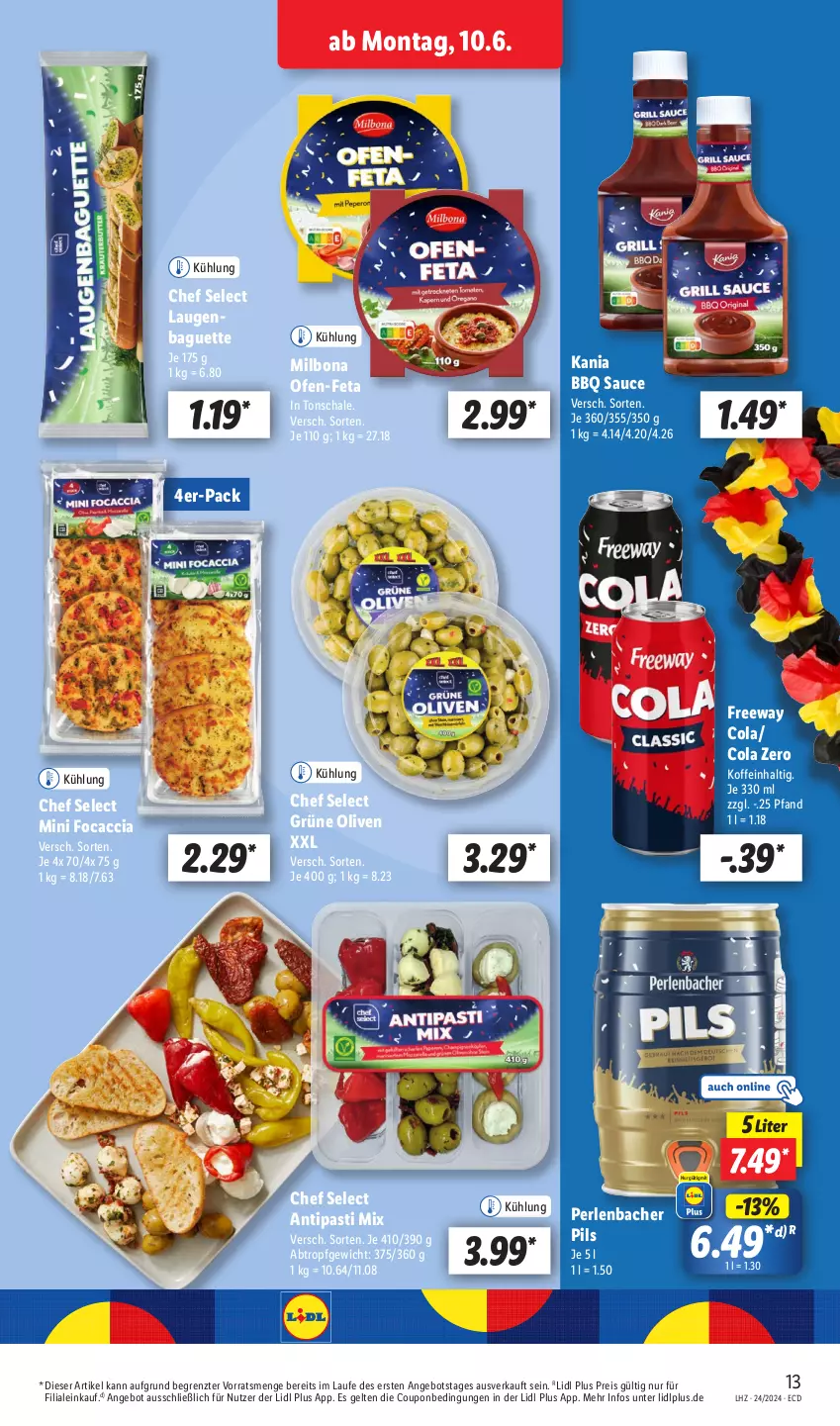 Aktueller Prospekt Lidl - Aktionsprospekt - von 10.06 bis 15.06.2024 - strona 17 - produkty: ACC, angebot, antipasti, asti, baguette, Bona, cola, coupon, eis, feta, Focaccia, grüne oliven, Milbona, Ofen, olive, oliven, perlen, pils, reis, sauce, Schal, Schale, Ti, ZTE