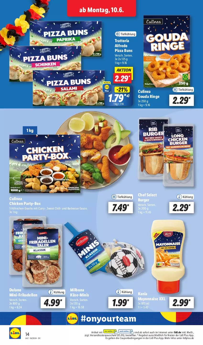 Aktueller Prospekt Lidl - Aktionsprospekt - von 10.06 bis 15.06.2024 - strona 18 - produkty: angebot, barbecue, Bona, burger, chili, coupon, curry, dell, dulano, elle, frikadellen, gouda, Käse, mayonnaise, Milbona, ndk, pizza, Ria, ring, sauce, Schal, Schale, snack, snacks, Ti, Yo