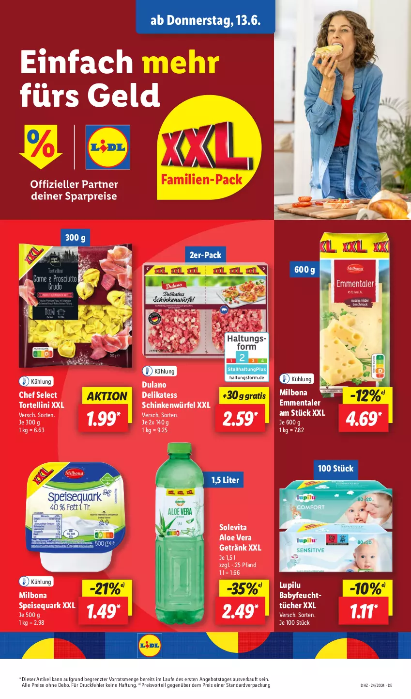 Aktueller Prospekt Lidl - Aktionsprospekt - von 10.06 bis 15.06.2024 - strona 57 - produkty: aloe vera, angebot, Bona, buch, dulano, ecco, eis, emmentaler, feuchttücher, flasche, getränk, inklusivleistungen, lupilu, Milbona, preisvorteil, prosecco, quark, reis, schinken, speisequark, Ti, torte, tortellini, tücher, uhr, vita, wellnessbereich, würfel, ZTE