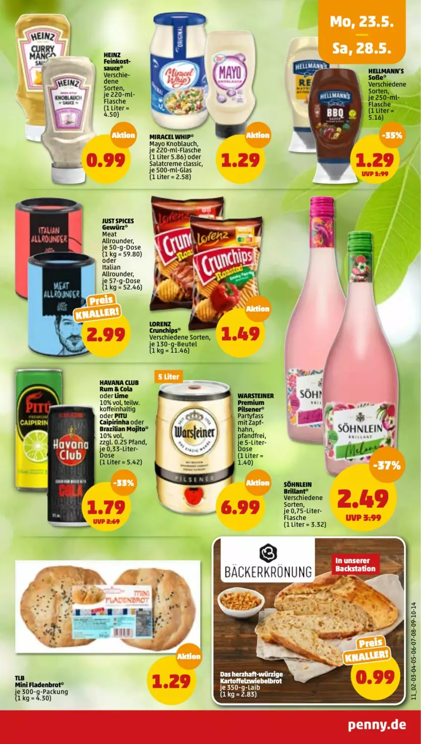 Aktueller Prospekt Penny - Prospekte - von 23.05 bis 28.05.2022 - strona 11 - produkty: beutel, Brazilian, brot, caipirinha, chips, cola, creme, crunchips, feinkost, Fladenbrot, flasche, gewürz, Havana Club, heinz, knoblauch, miracel, miracel whip, mojito, rum, salat, salatcreme, sauce, Ti, Yo