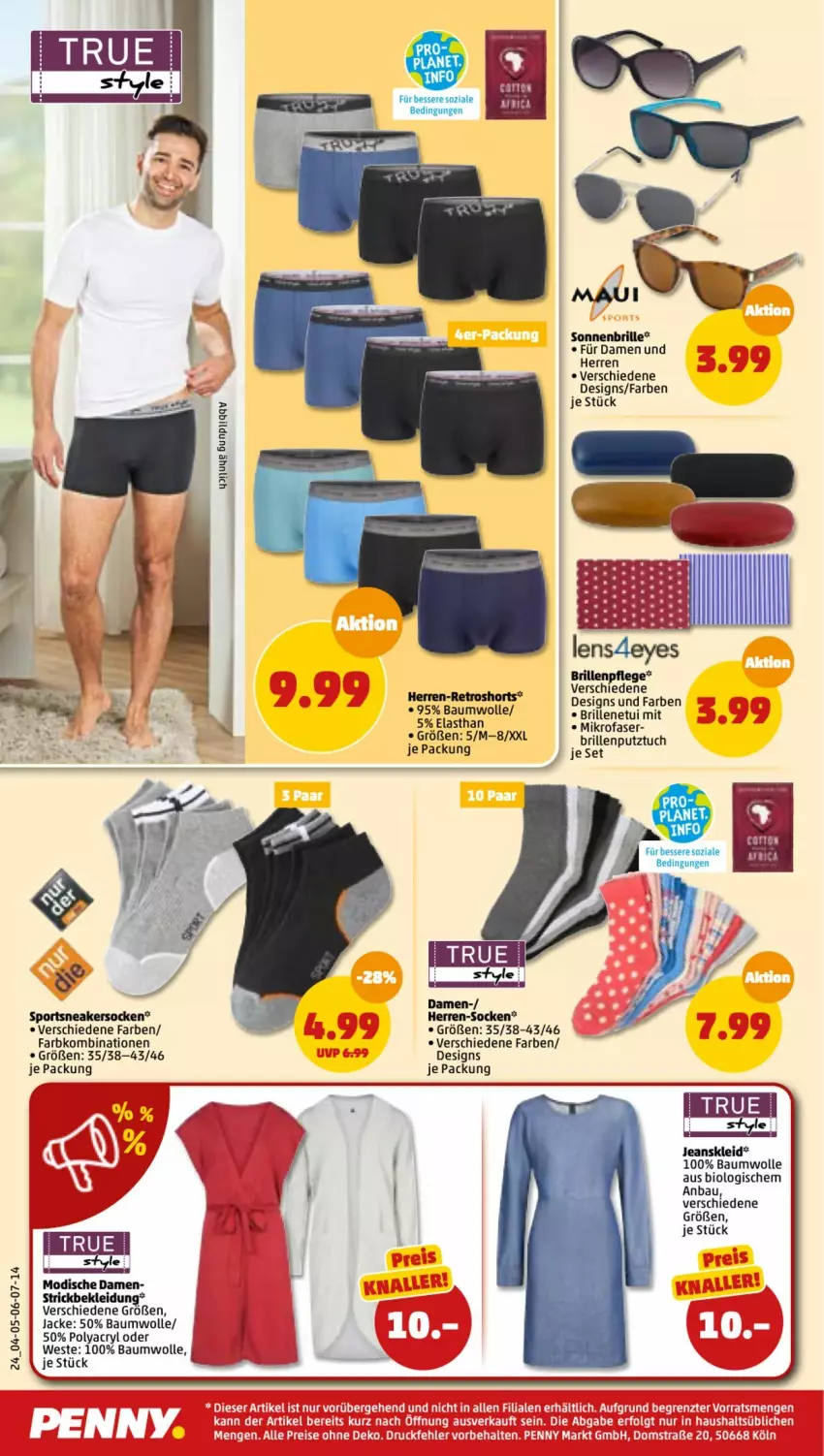 Aktueller Prospekt Penny - Prospekte - von 23.05 bis 28.05.2022 - strona 28 - produkty: AEZ, Bau, baumwolle, bio, Brille, eis, herren-socken, Jacke, jeans, kleid, Kleidung, LG, mikrofaser, reis, retroshorts, shorts, socken, sonnenbrille, Ti, tuc, Weste, wolle, ZTE