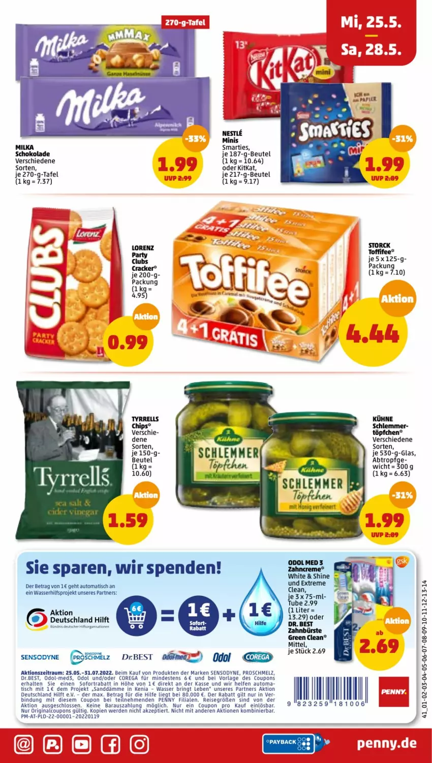 Aktueller Prospekt Penny - Prospekte - von 23.05 bis 28.05.2022 - strona 43 - produkty: auto, beutel, bürste, chips, coupon, coupons, cracker, creme, eis, erde, gin, kitkat, Kühne, lorenz, milka, Odol, reis, rel, ring, schoko, schokolade, sensodyne, smarties, sofortrabatt, storck, Ti, tisch, toffifee, Töpfchen, wasser, zahnbürste, zahncreme