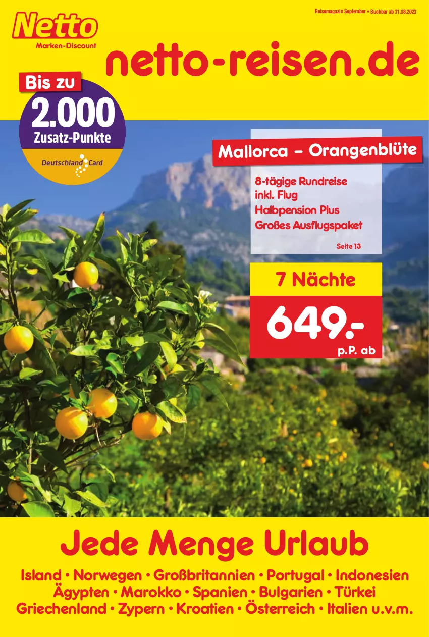 Aktueller Prospekt Netto Marken-Discount - Reise-Angebote September - von 31.08 bis 30.09.2023 - strona 1 - produkty: Blüte, brita, buch, eis, LG, magazin, orange, orangen, reis, rwe, Ti