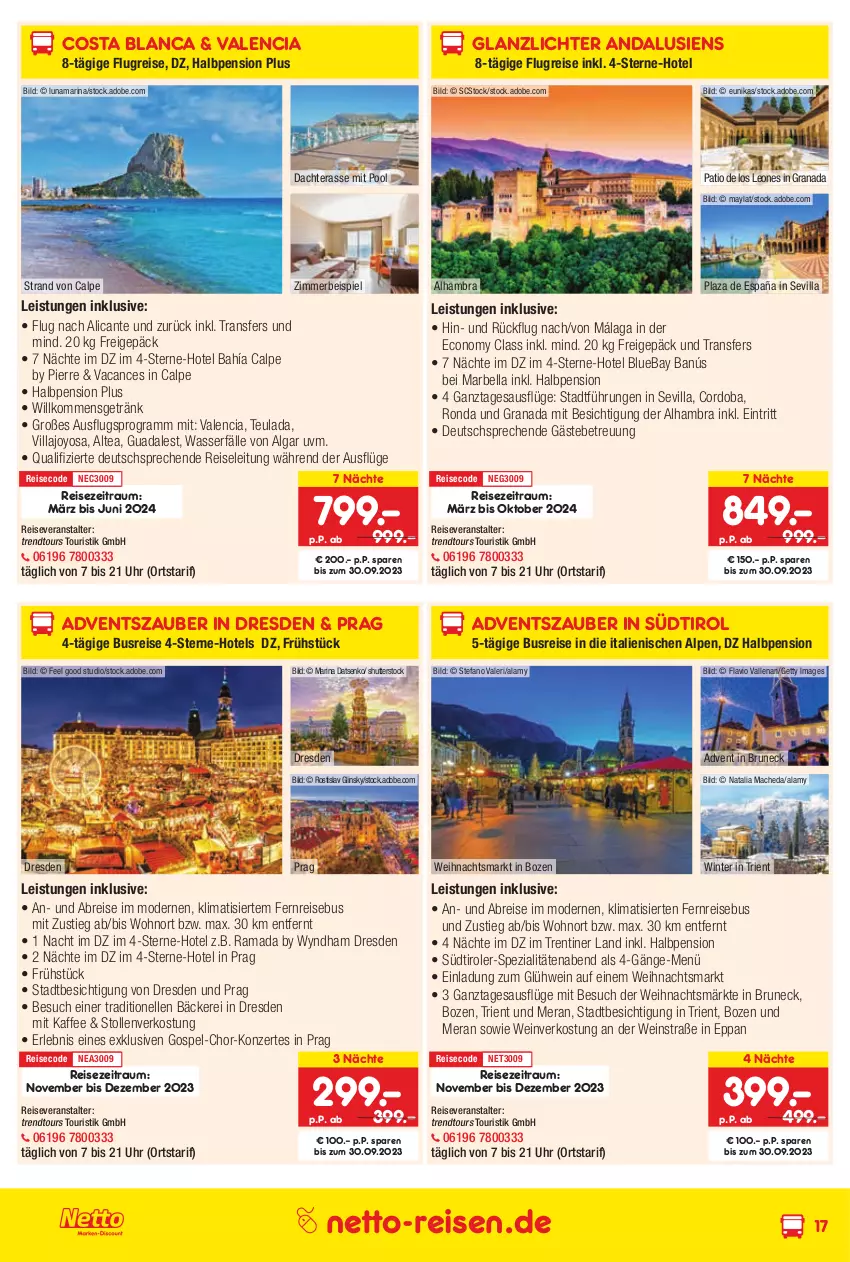 Aktueller Prospekt Netto Marken-Discount - Reise-Angebote September - von 31.08 bis 30.09.2023 - strona 17 - produkty: Brei, eis, elle, getränk, Glühwein, grana, kaffee, LG, mac, Mode, pool, rama, Rana, reis, reiseveranstalter, Spezi, Stollen, südtiroler, Ti, trendtours touristik gmbh, uhr, wasser, wein, Yo, zimmerbeispiel