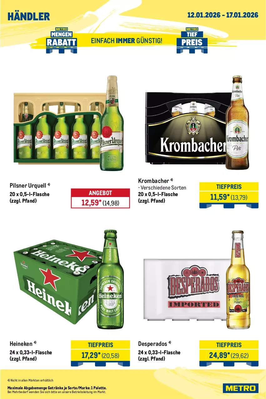 Aktueller Prospekt Metro - Wochen-Angebote Händler - von 12.01 bis 17.01.2026 - strona 6 - produkty: angebot, black label, desperados, eis, flasche, Germ, getränk, getränke, heineken, jägermeister, johnnie walker, korn, kräuter, kräuterlikör, krombache, krombacher, lack, likör, Meister, Palette, pils, pilsner, pilsner urquell, reis, Ti, tiefpreis, wodka